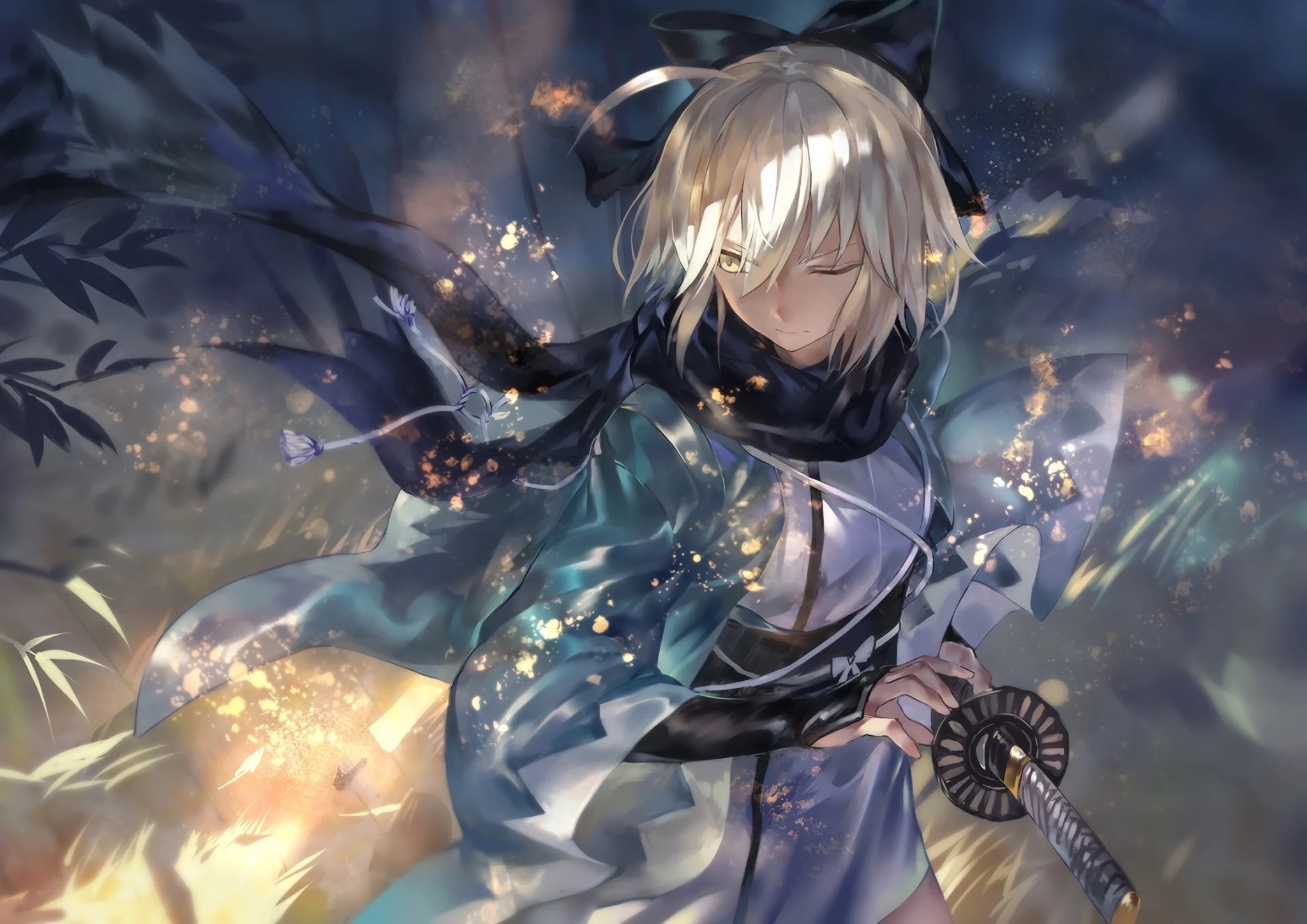 Okita Souji with a sword in Japanese clothes HD Wallpaper