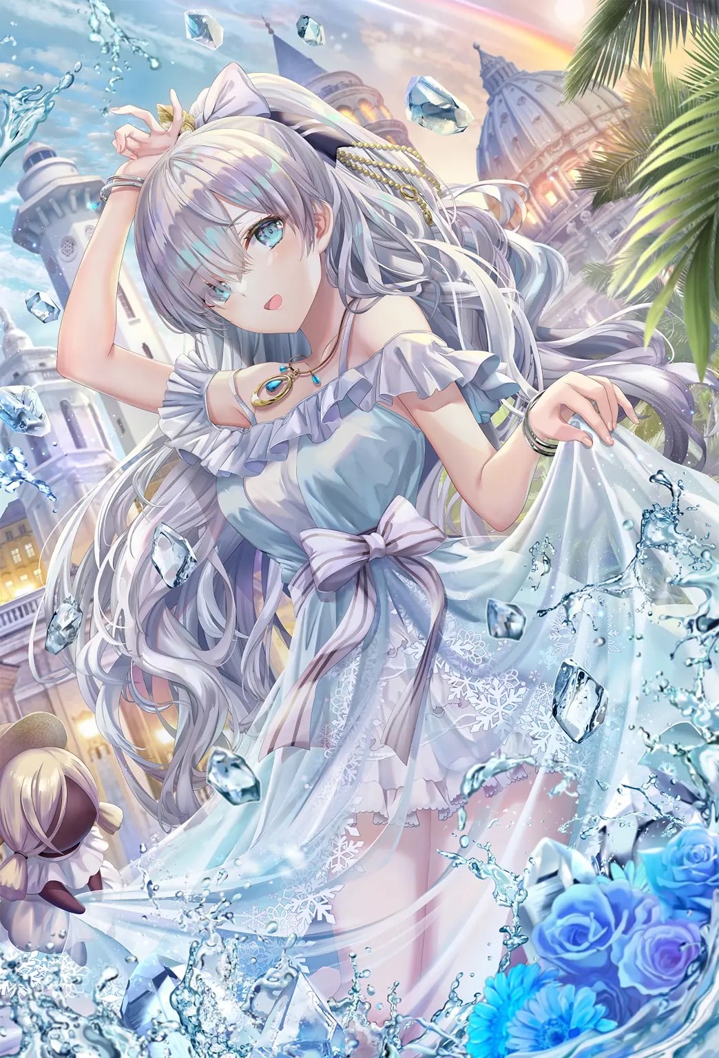 Anastasia in a blue dress with silver hair and blue eyes HD Phone Wallpaper