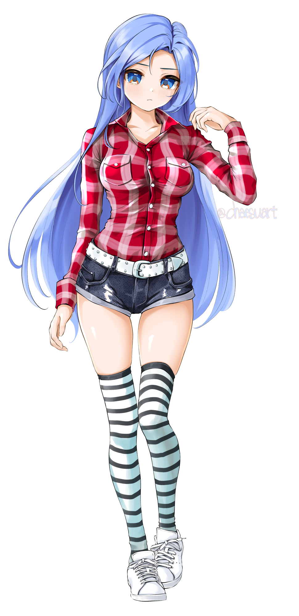 Anime girl with blue hair wearing plaid shirt and shorts HD Phone Wallpaper