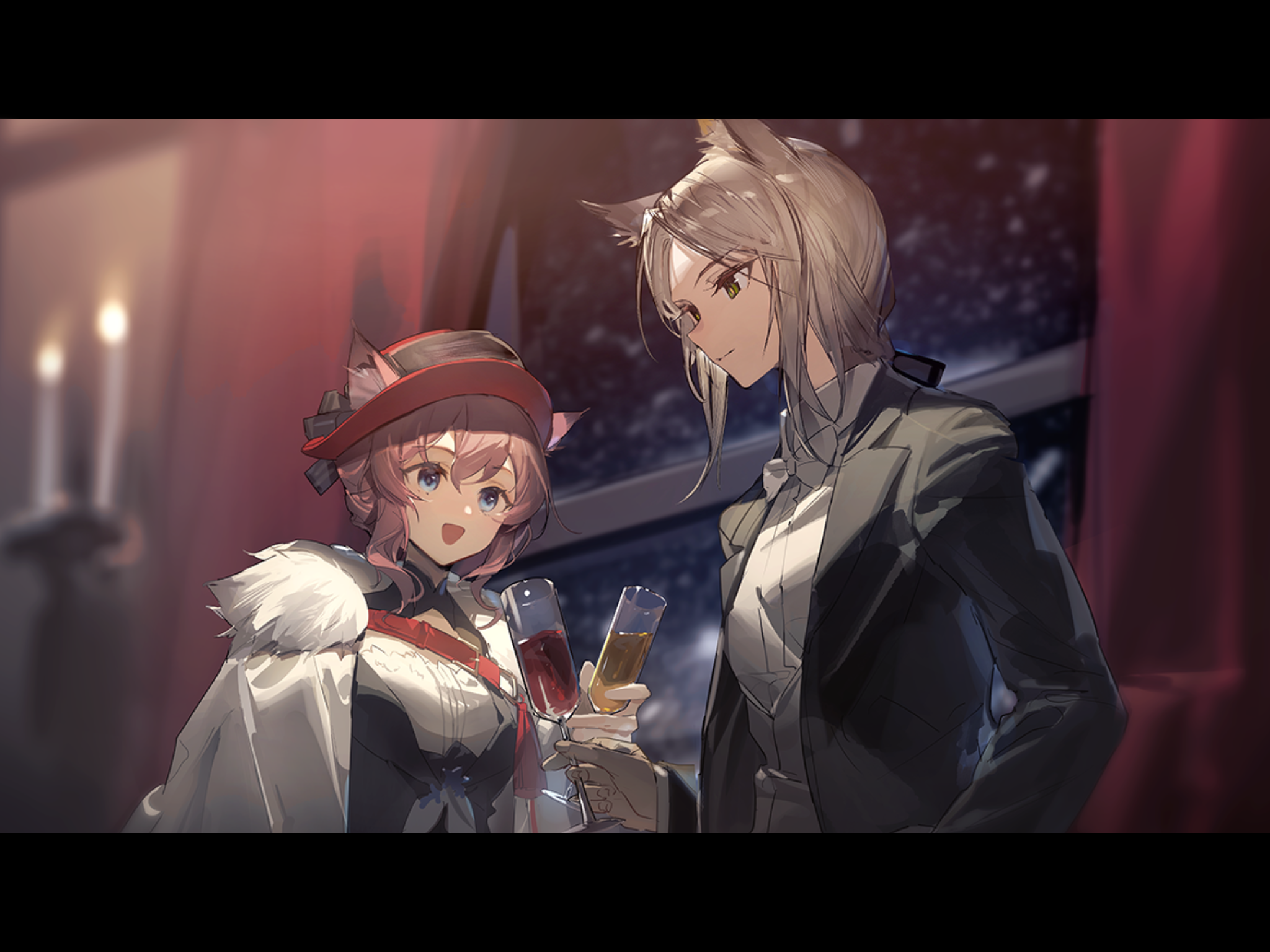 Arknights anime characters toasting indoors HD Wallpaper