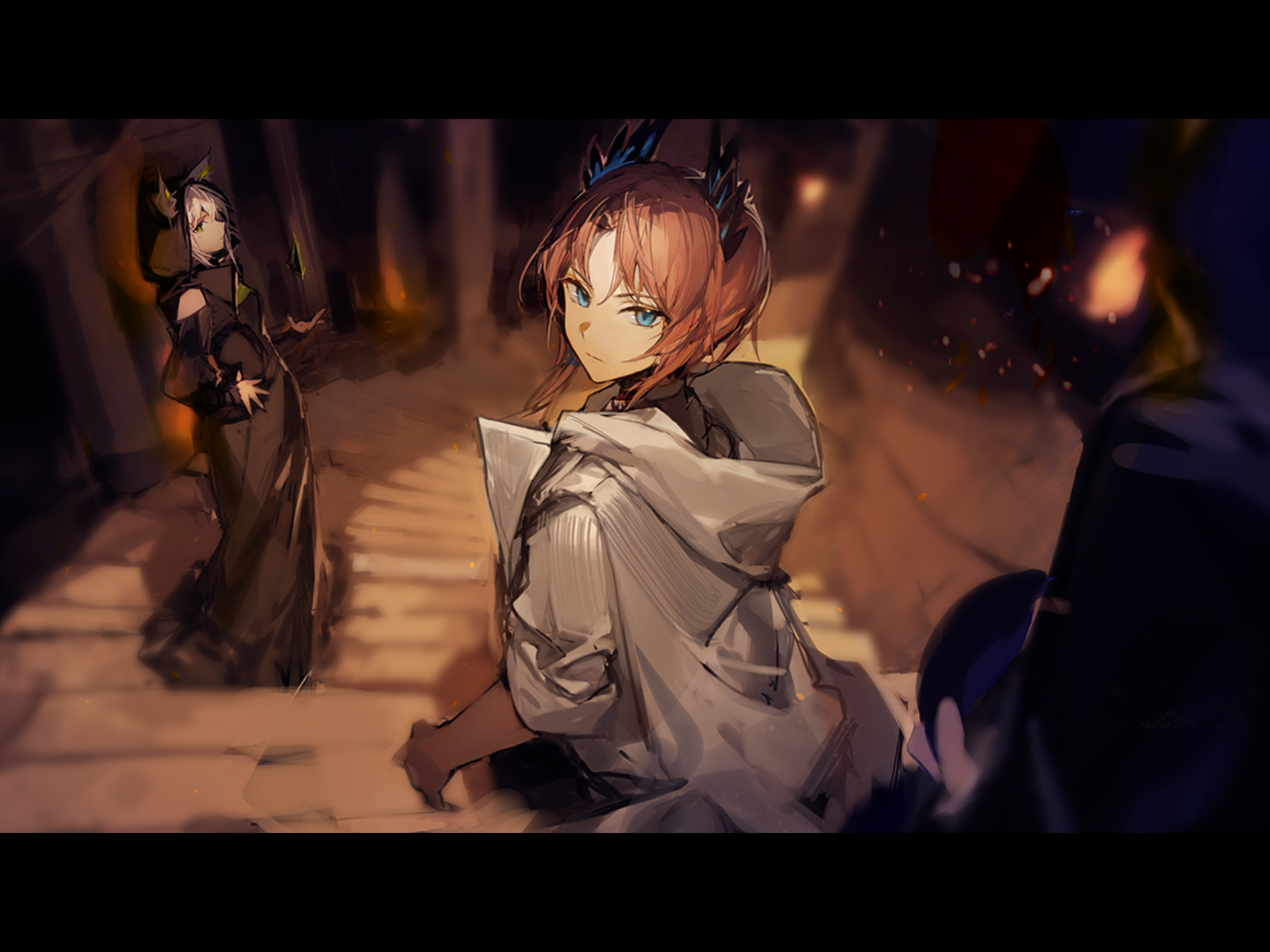 Arknights: Passenger and Kaltsit in a dimly lit environment HD Wallpaper