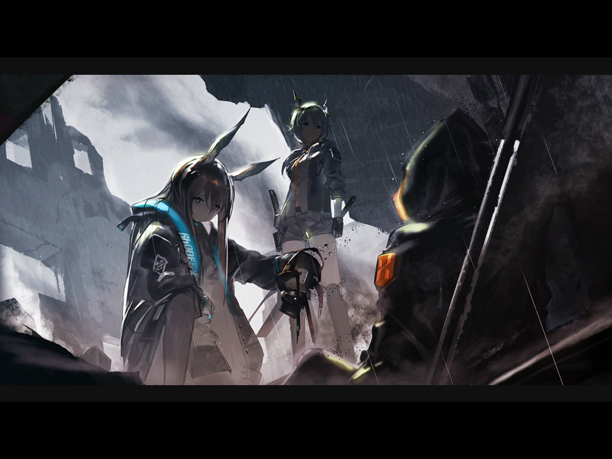 Arknights characters in a rainy, ruined environment HD Wallpaper