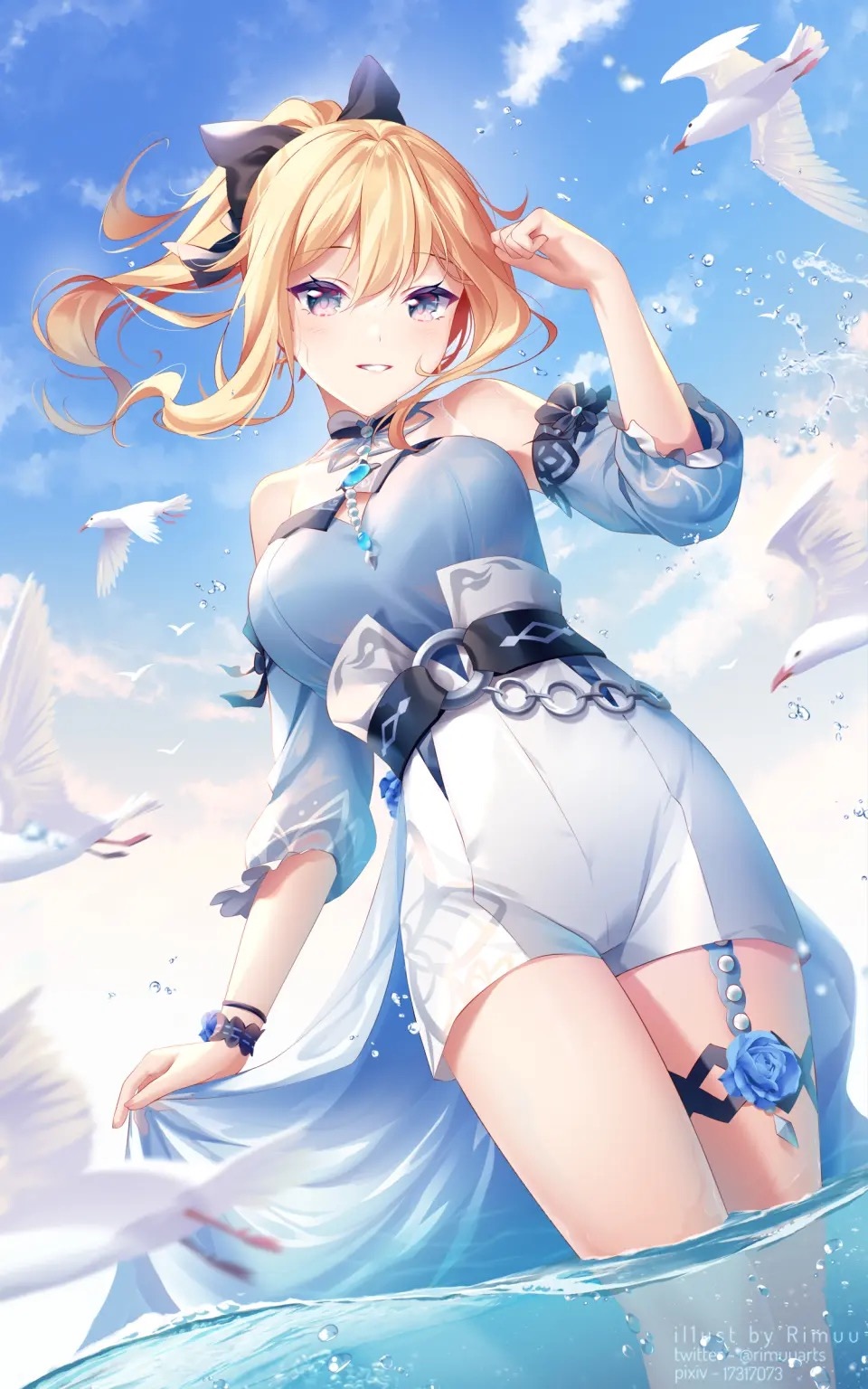 Jean from Genshin Impact standing in water with birds HD Phone Wallpaper