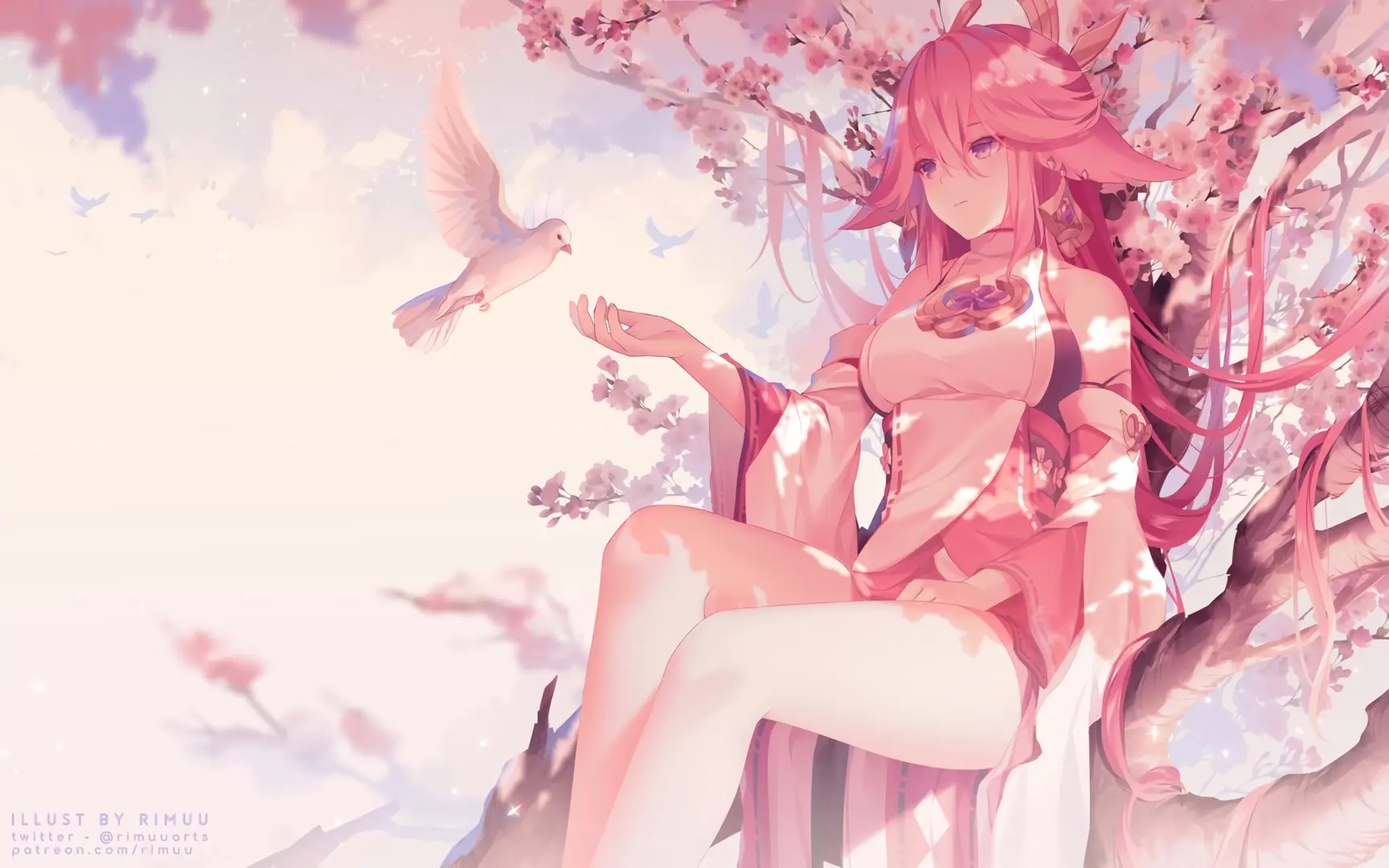 Yae Miko with doves under cherry blossoms HD Wallpaper