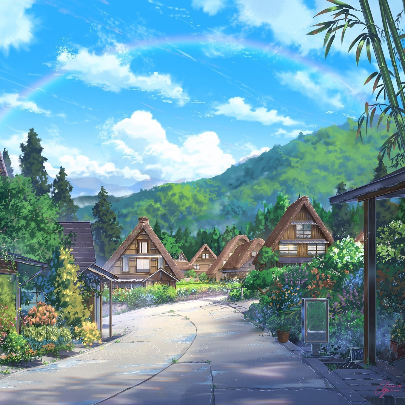 Anime village with thatched-roof houses and a rainbow HD Wallpaper