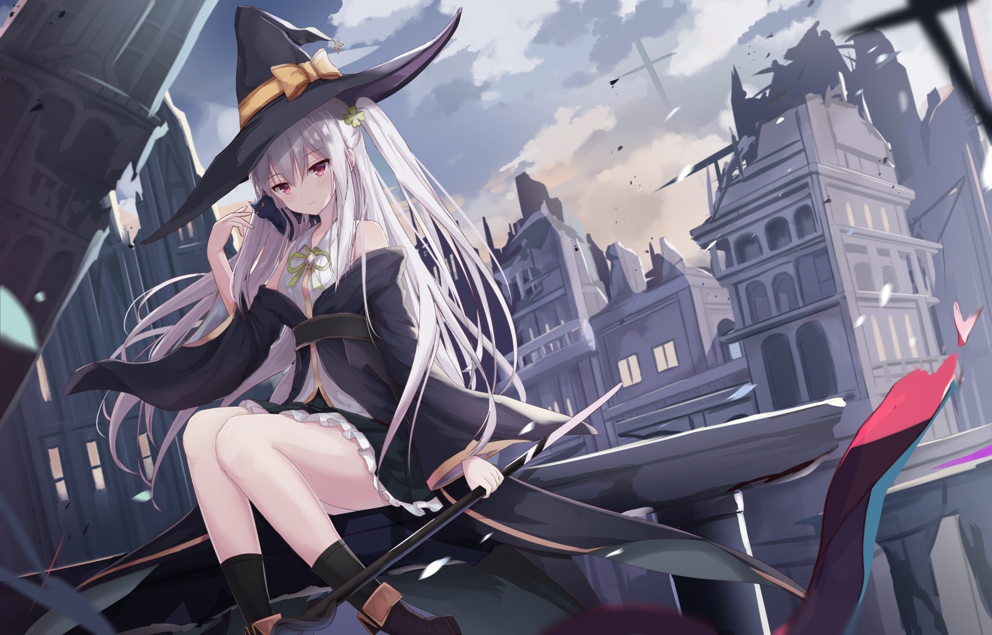 Witch with silver hair and red eyes in ruins HD Wallpaper