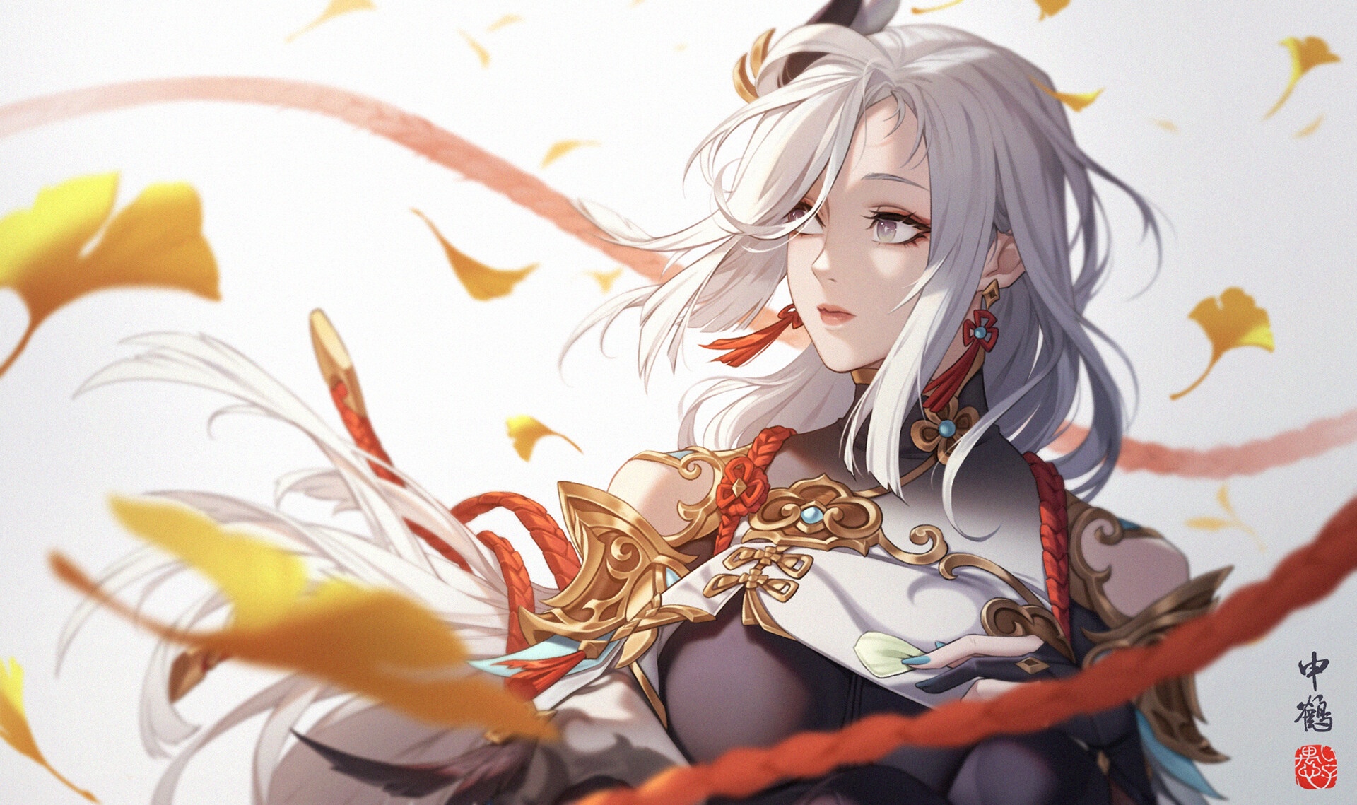 Genshin Impact Shenhe with Silver Hair and Falling Leaves HD Wallpaper