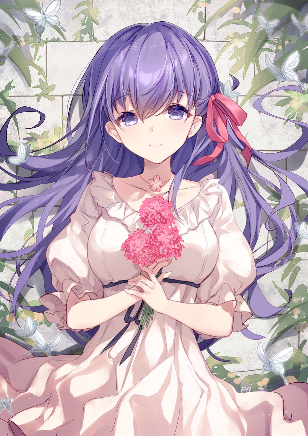 Matou Sakura holding pink flowers with butterflies HD Phone Wallpaper