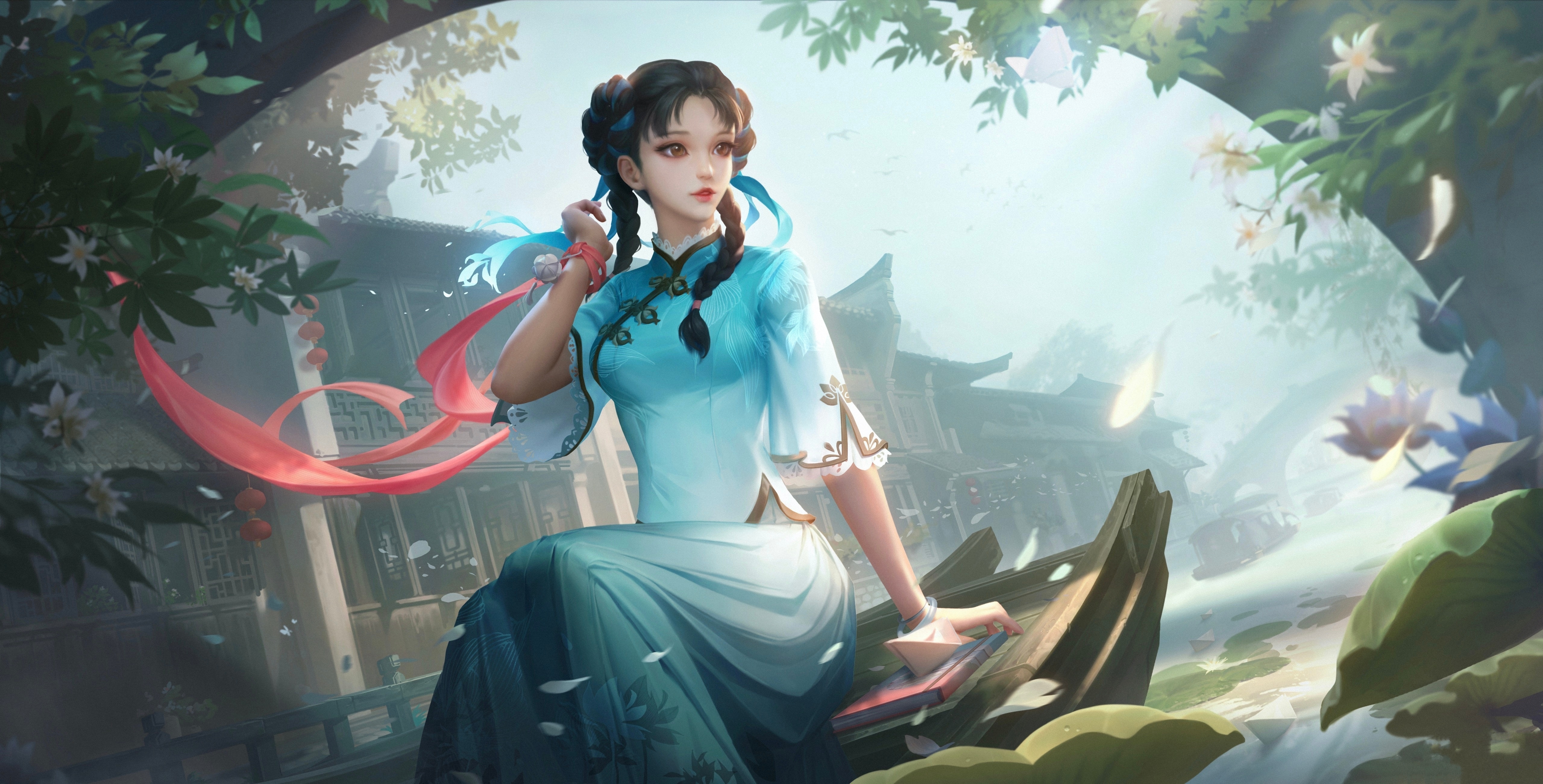 4K Xi Shi in a blue dress by a pond HD Wallpaper