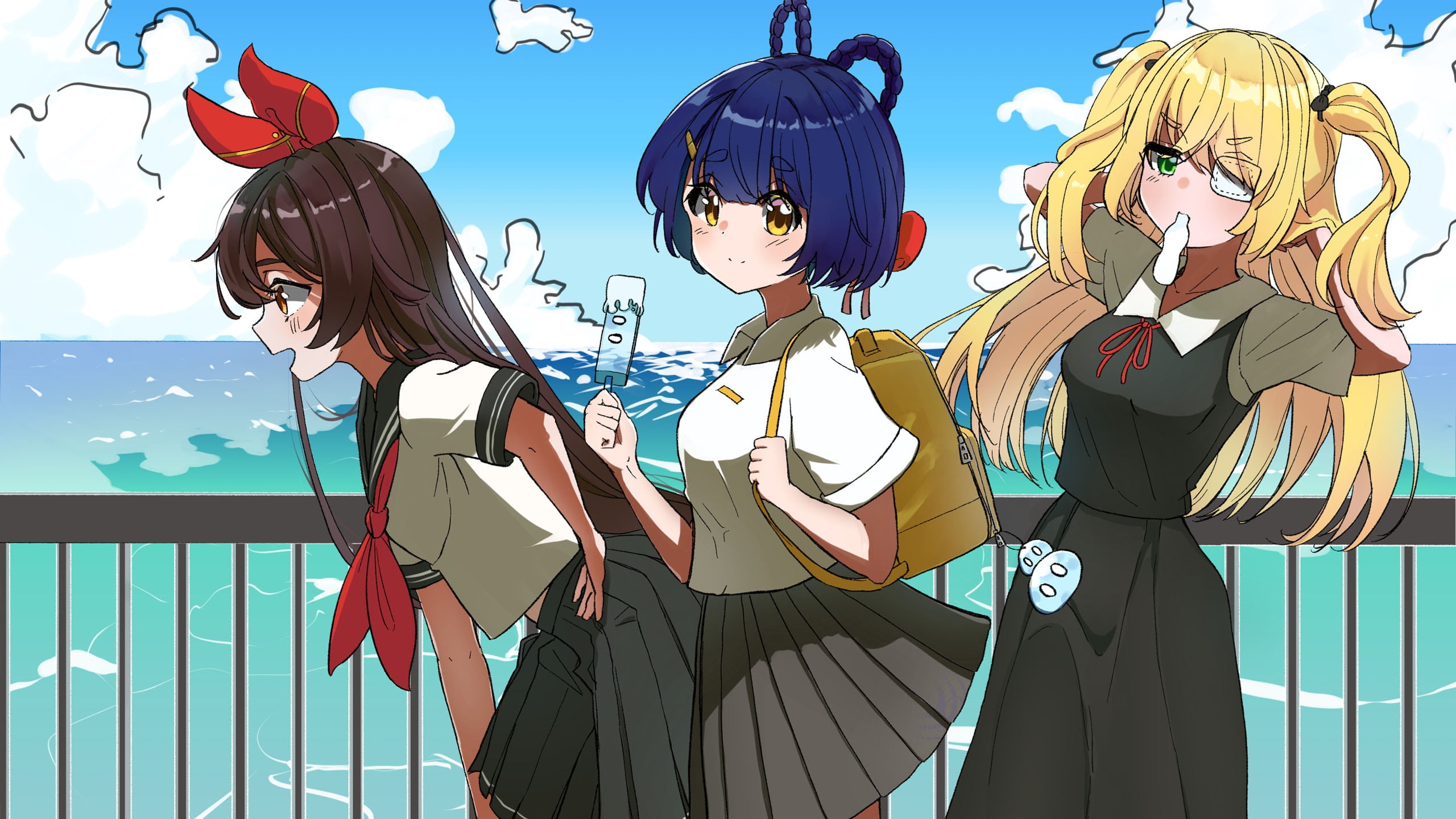 Xiangling, Fischl, and Amber by the sea HD Wallpaper