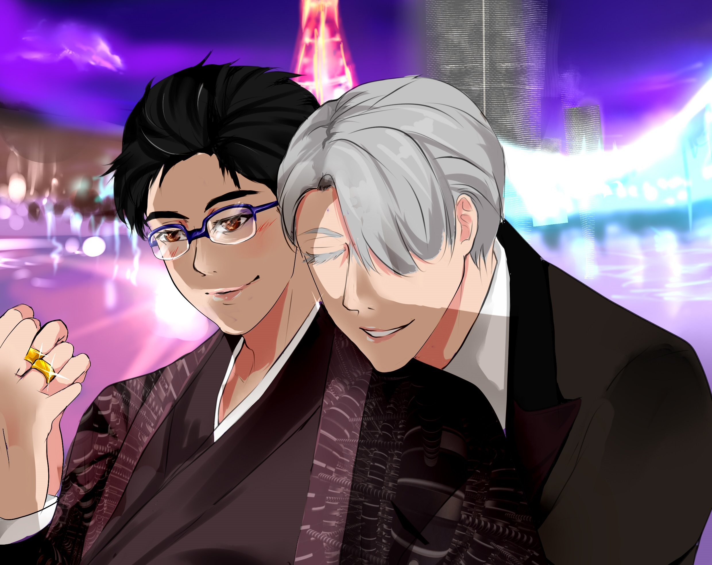 Victor Nikiforov and Yuuri Katsuki in formal wear HD Wallpaper
