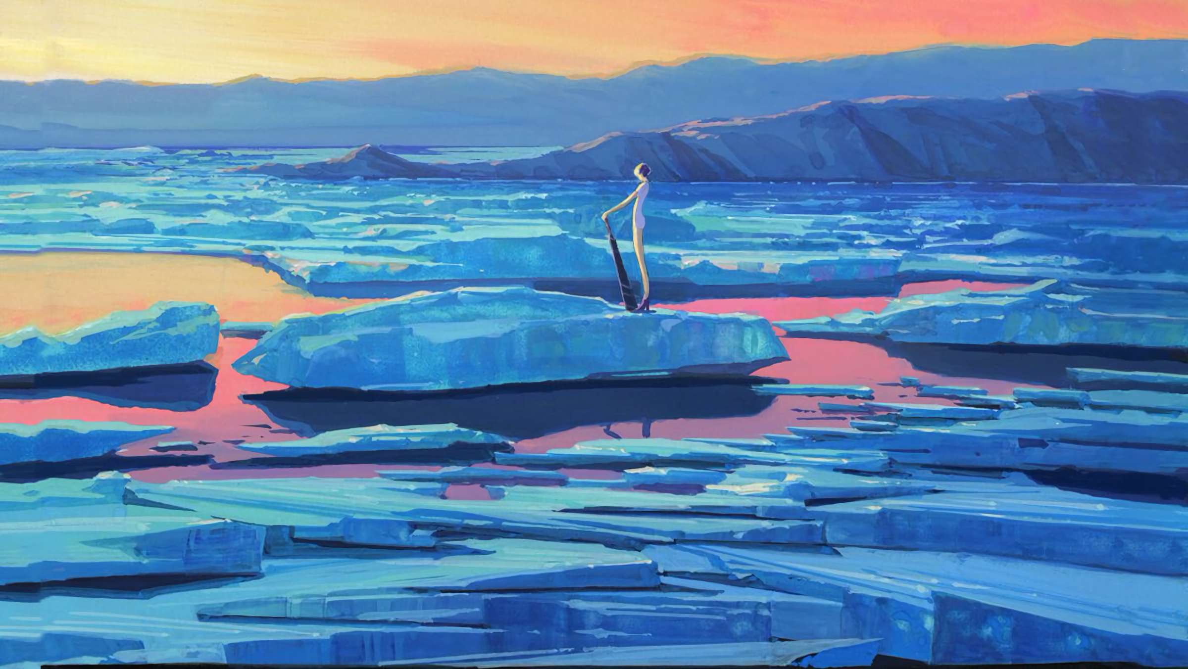 Antarcticite standing on ice floes in a pink sea HD Wallpaper