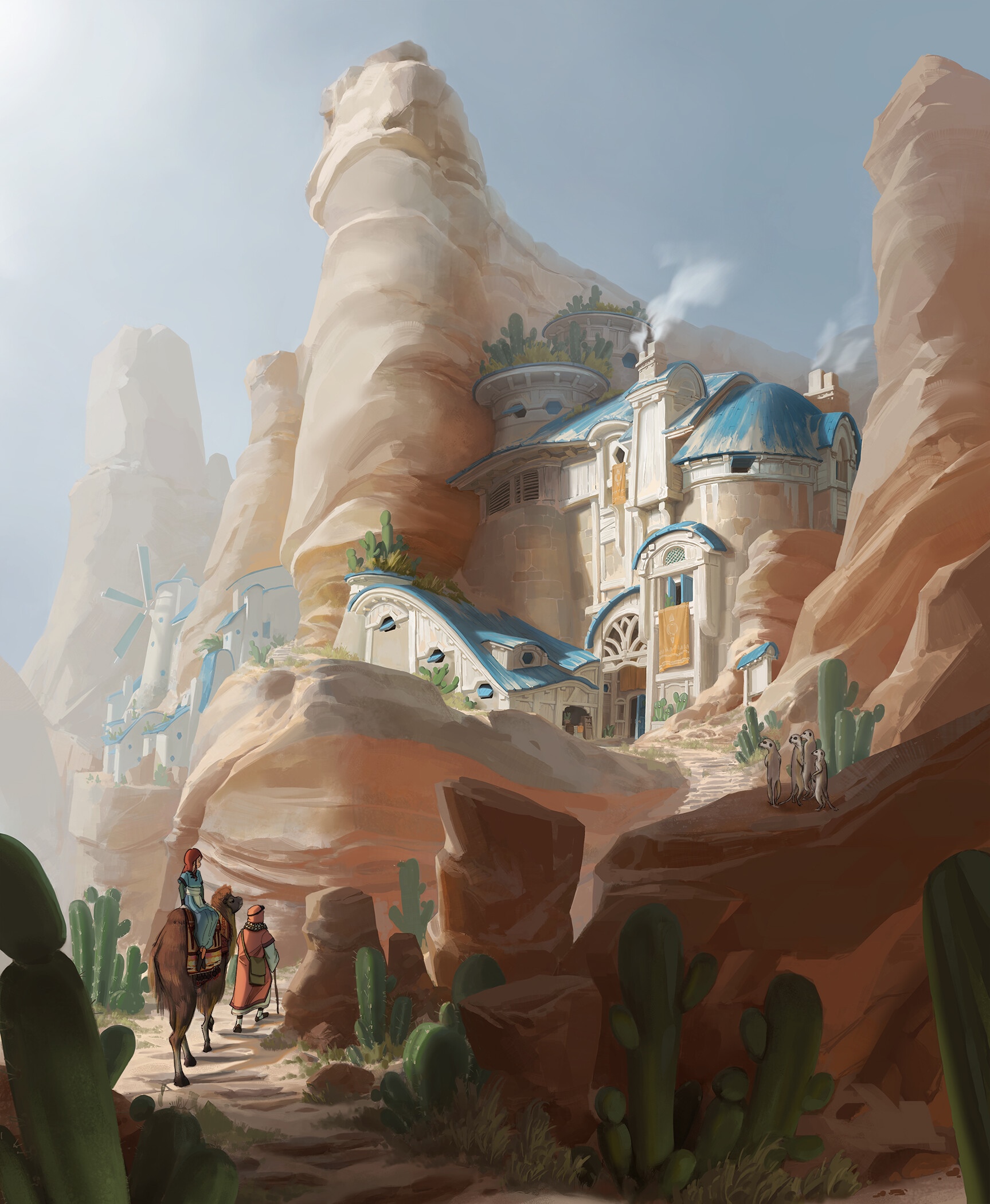 Fantasy desert settlement with camels and meerkats HD Phone Wallpaper