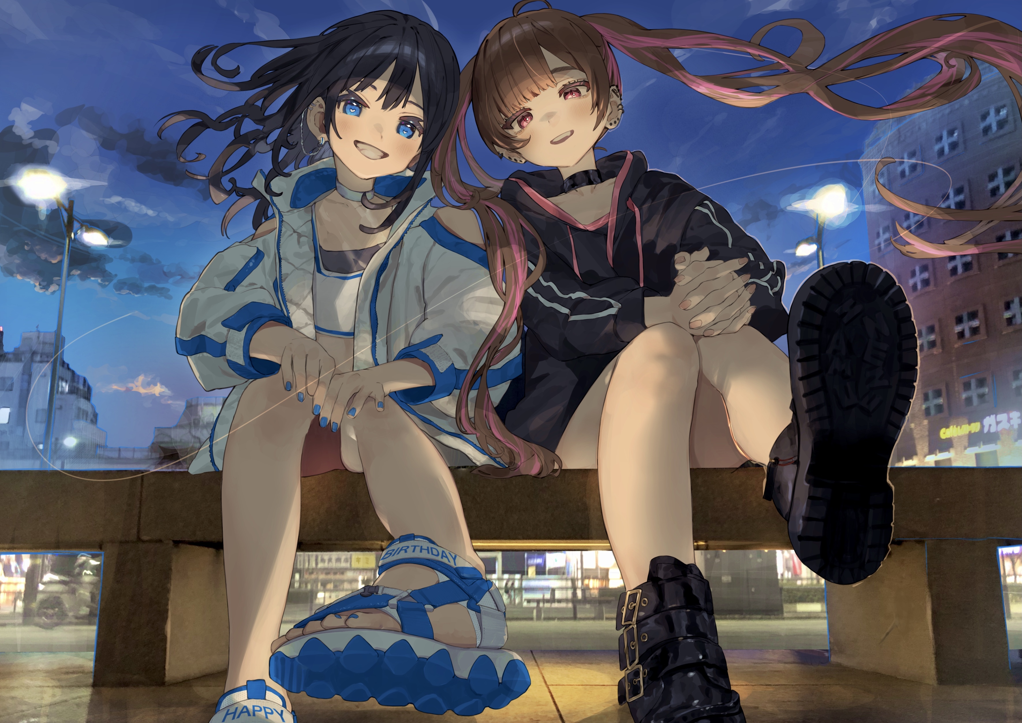 Two smiling anime girls sitting on a bench at night HD Wallpaper