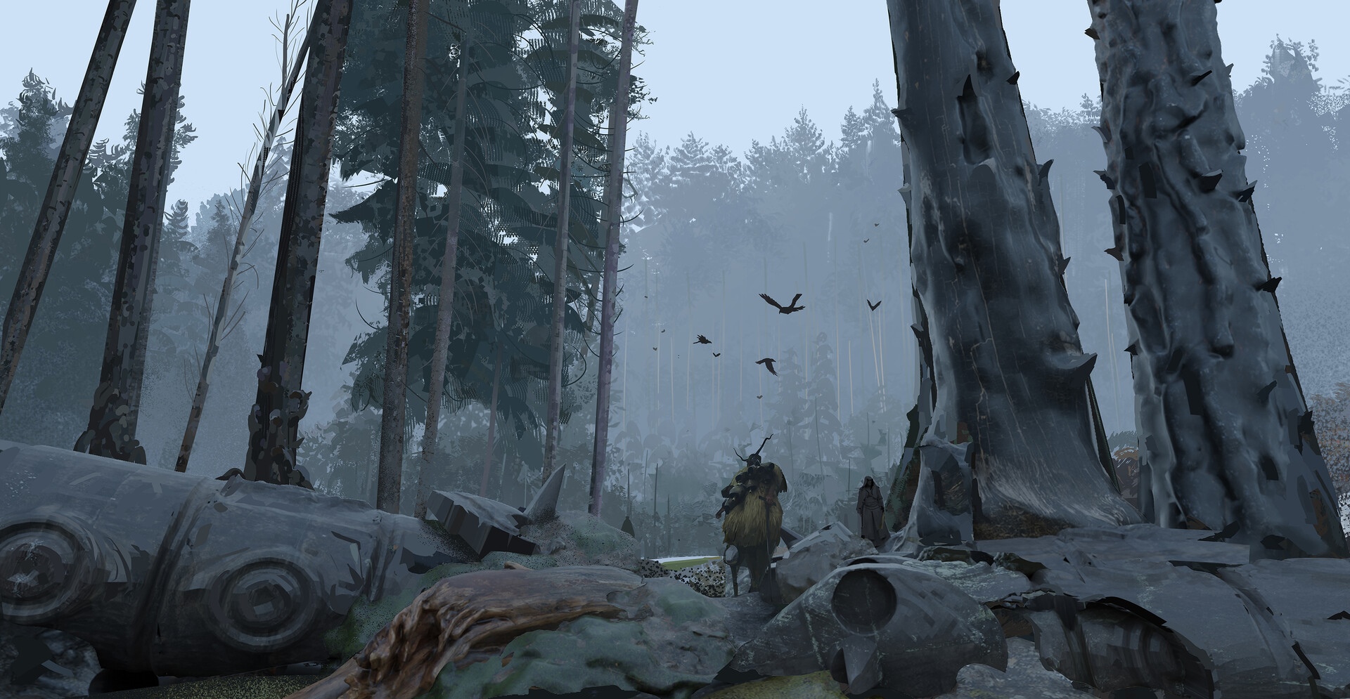 Liang Mark in a fantasy forest with ruins and birds HD Wallpaper