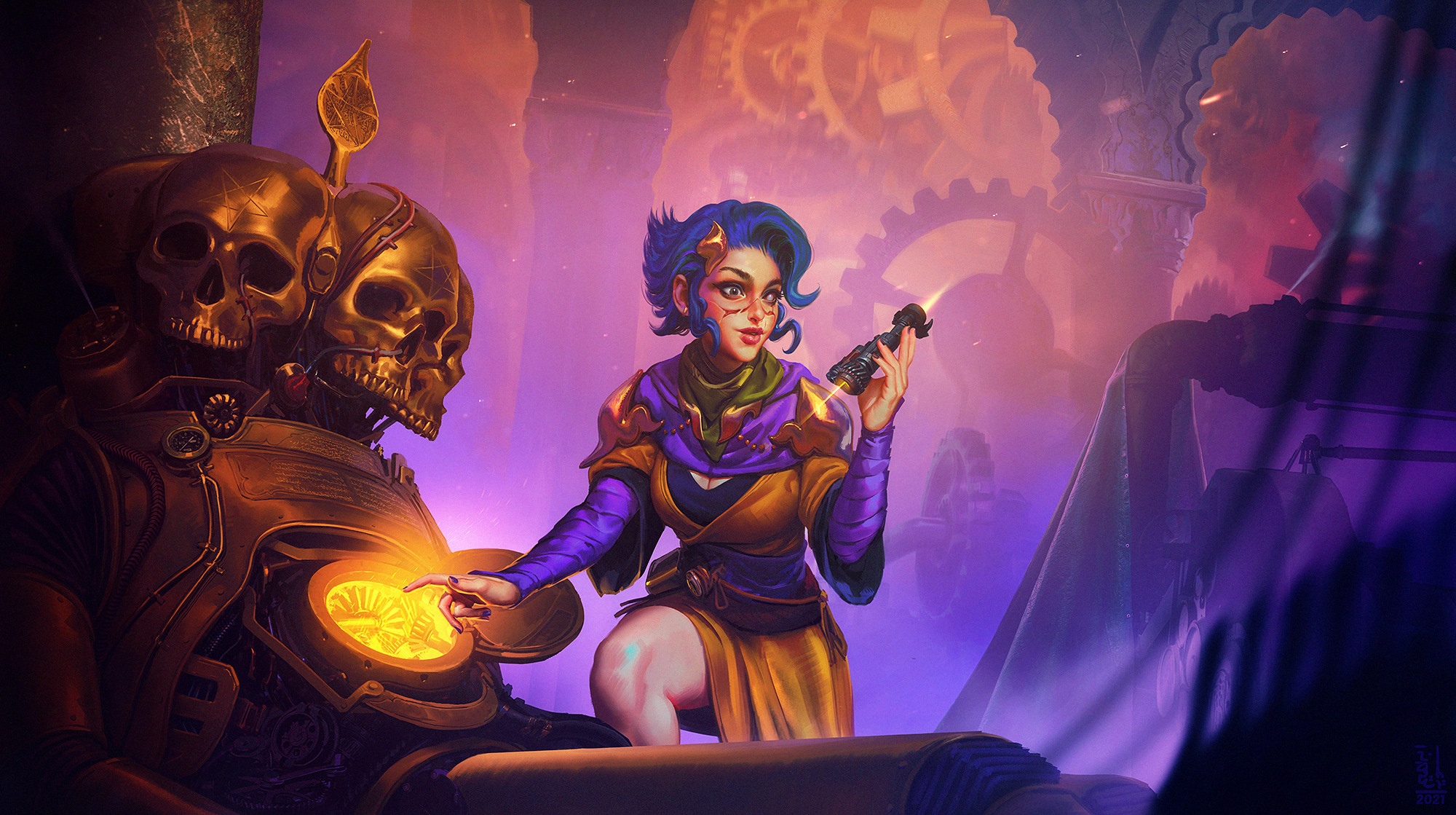 Steampunk girl with blue hair and a golden skull automaton HD Wallpaper