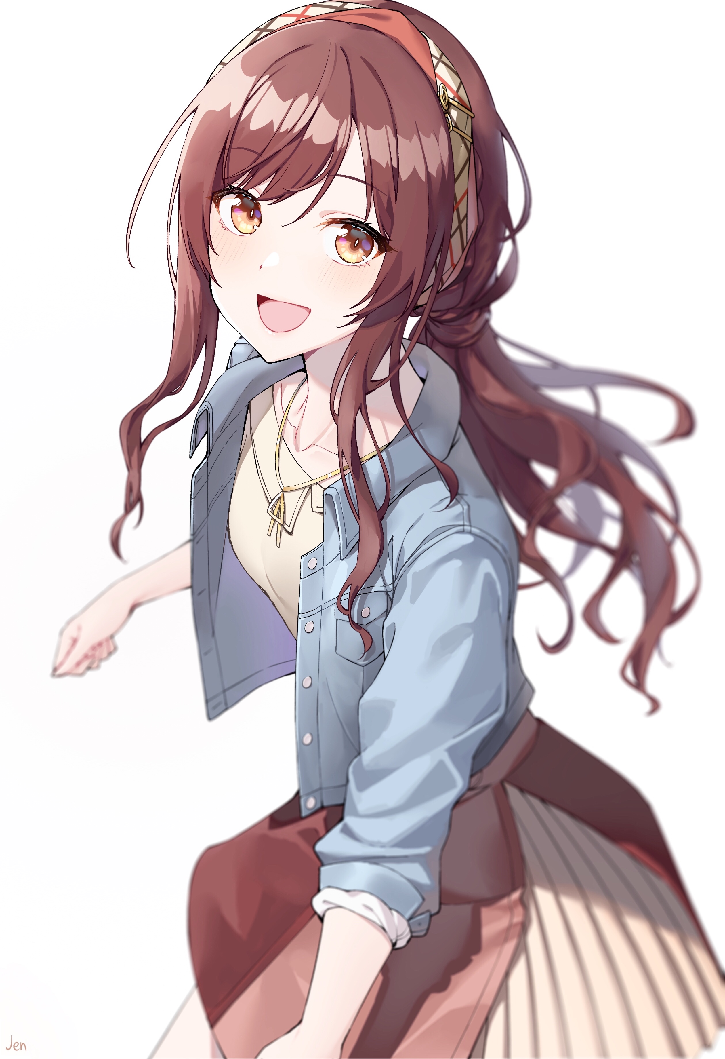 Anime girl with brown hair and blue jacket HD Phone Wallpaper