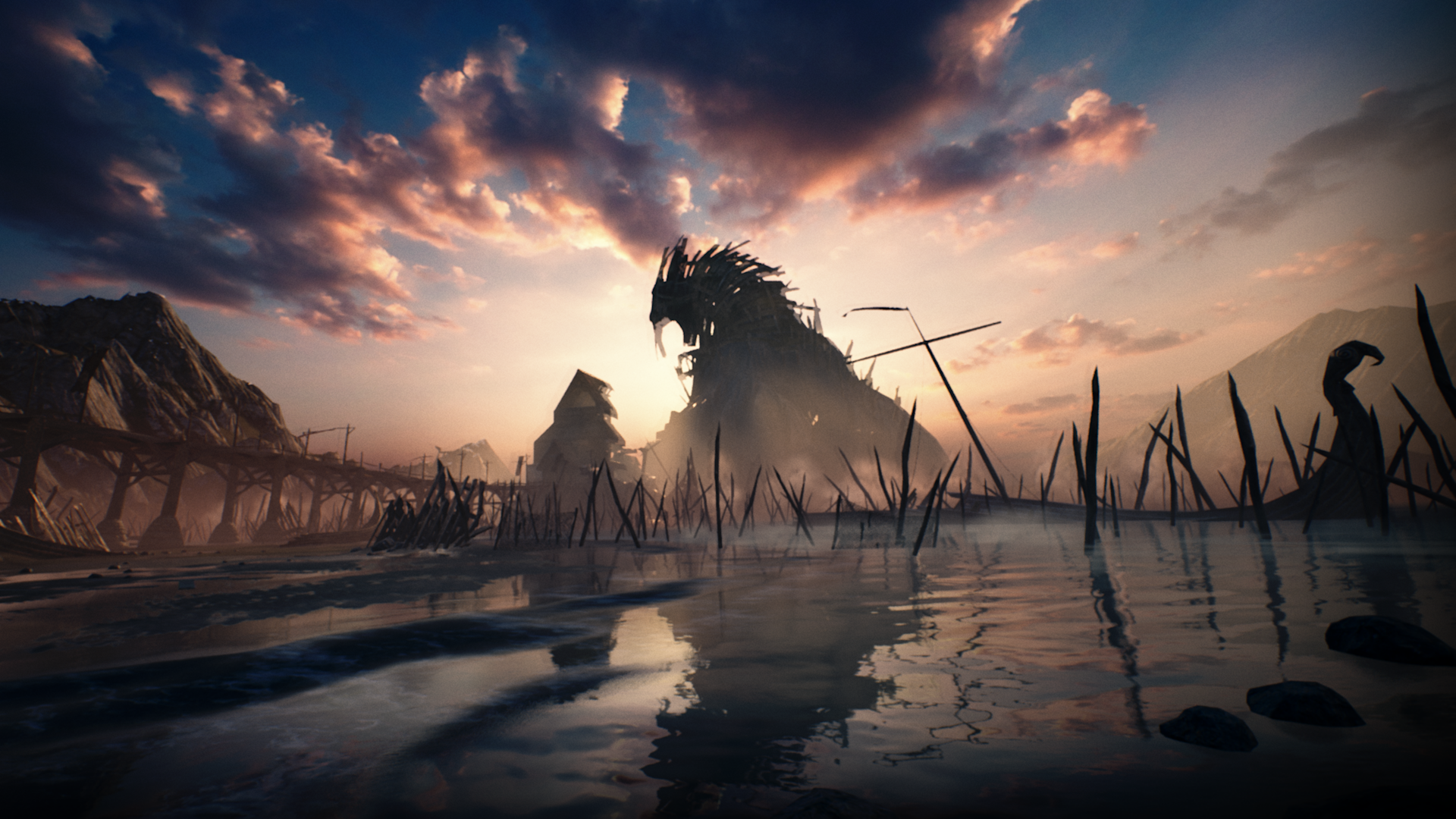 Hellblade: Senua's Sacrifice landscape with dragon-like structure HD Wallpaper