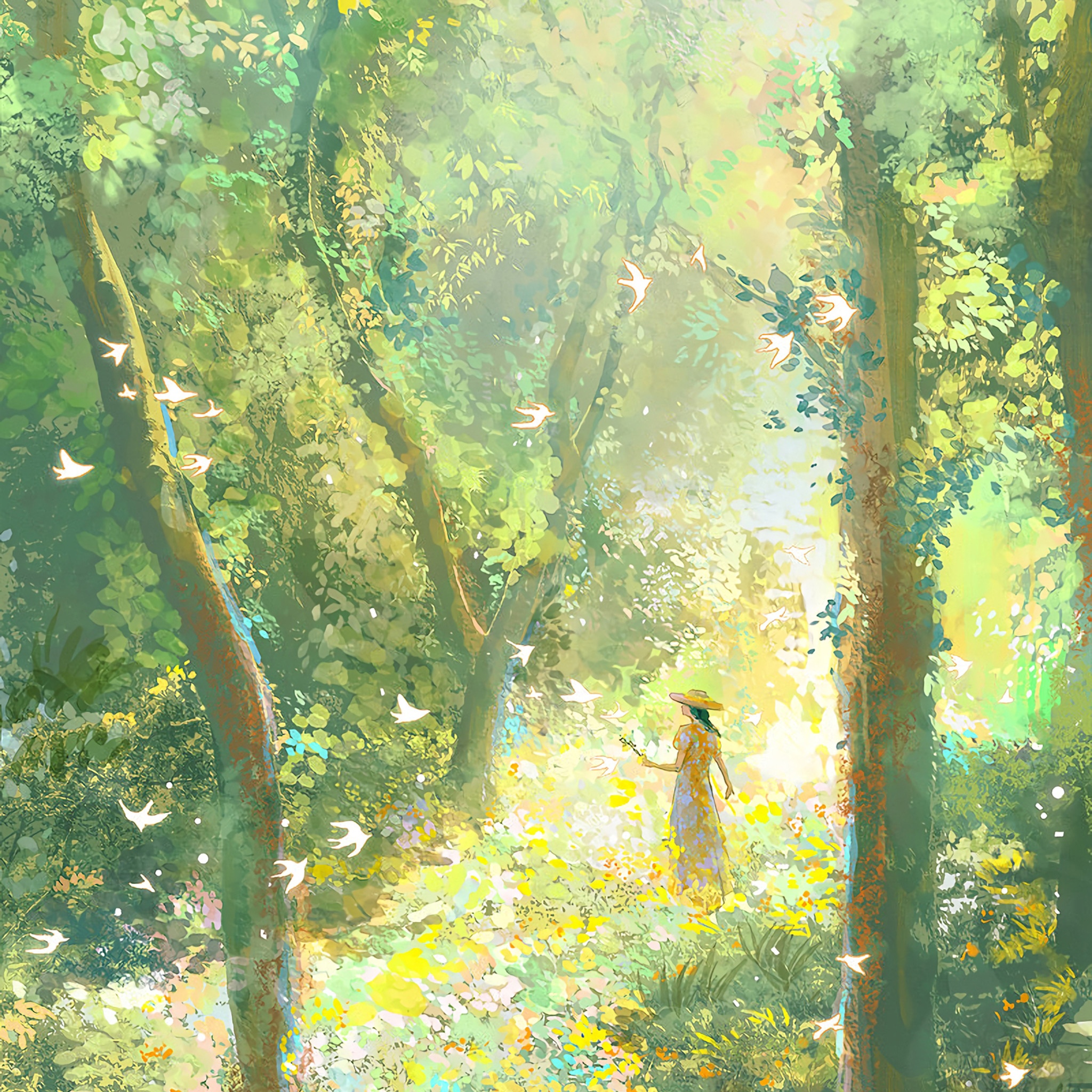 Woman in a straw hat walking in a sunlit forest with birds HD Wallpaper