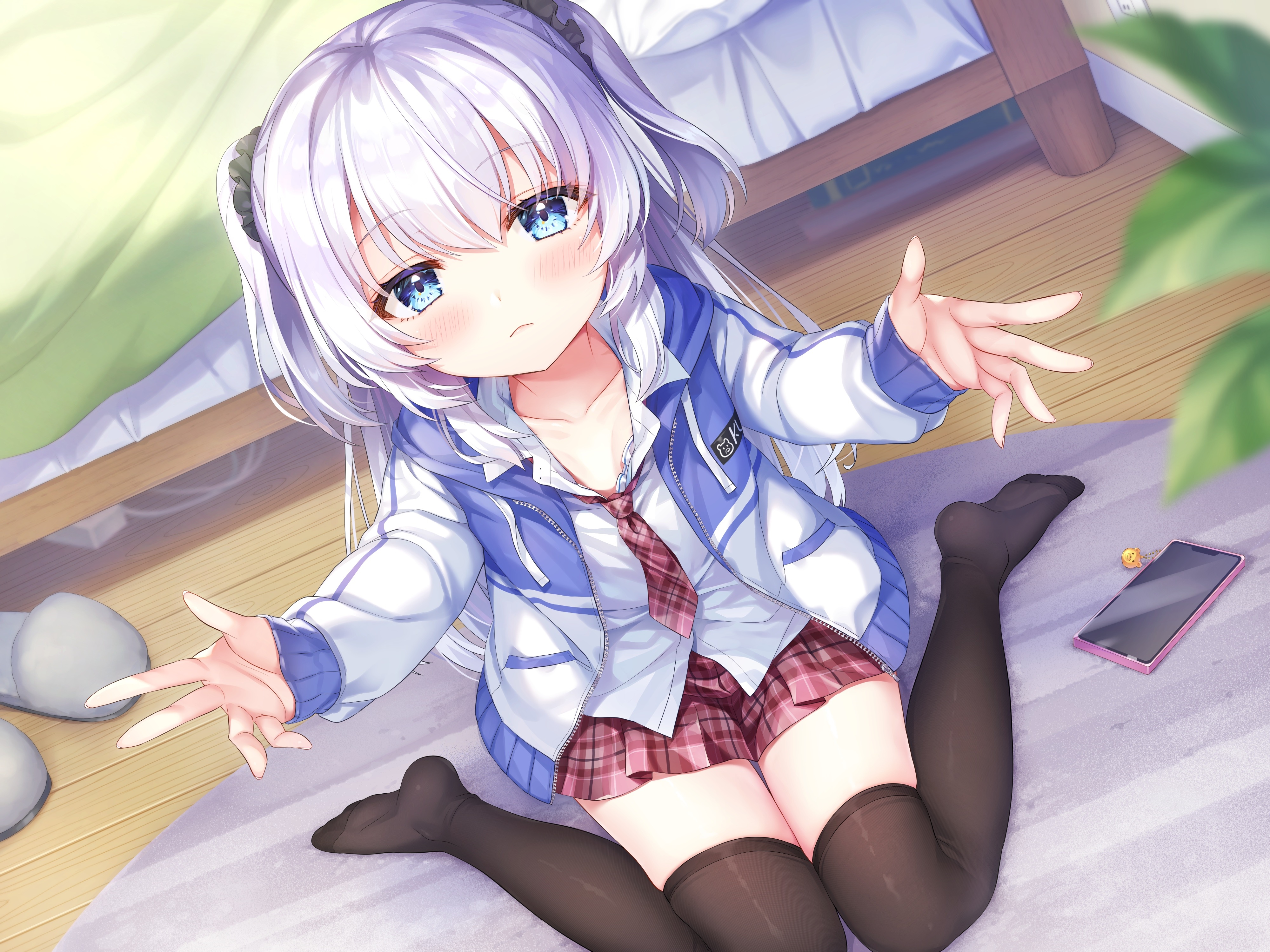 4K anime girl with silver hair and blue eyes kneeling HD Wallpaper