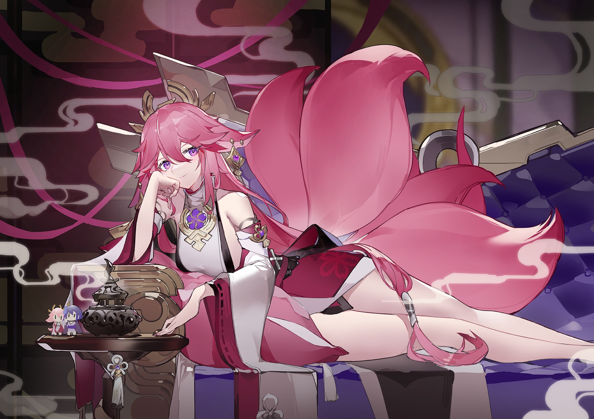 Yae Miko from Genshin Impact with fox tails HD Wallpaper