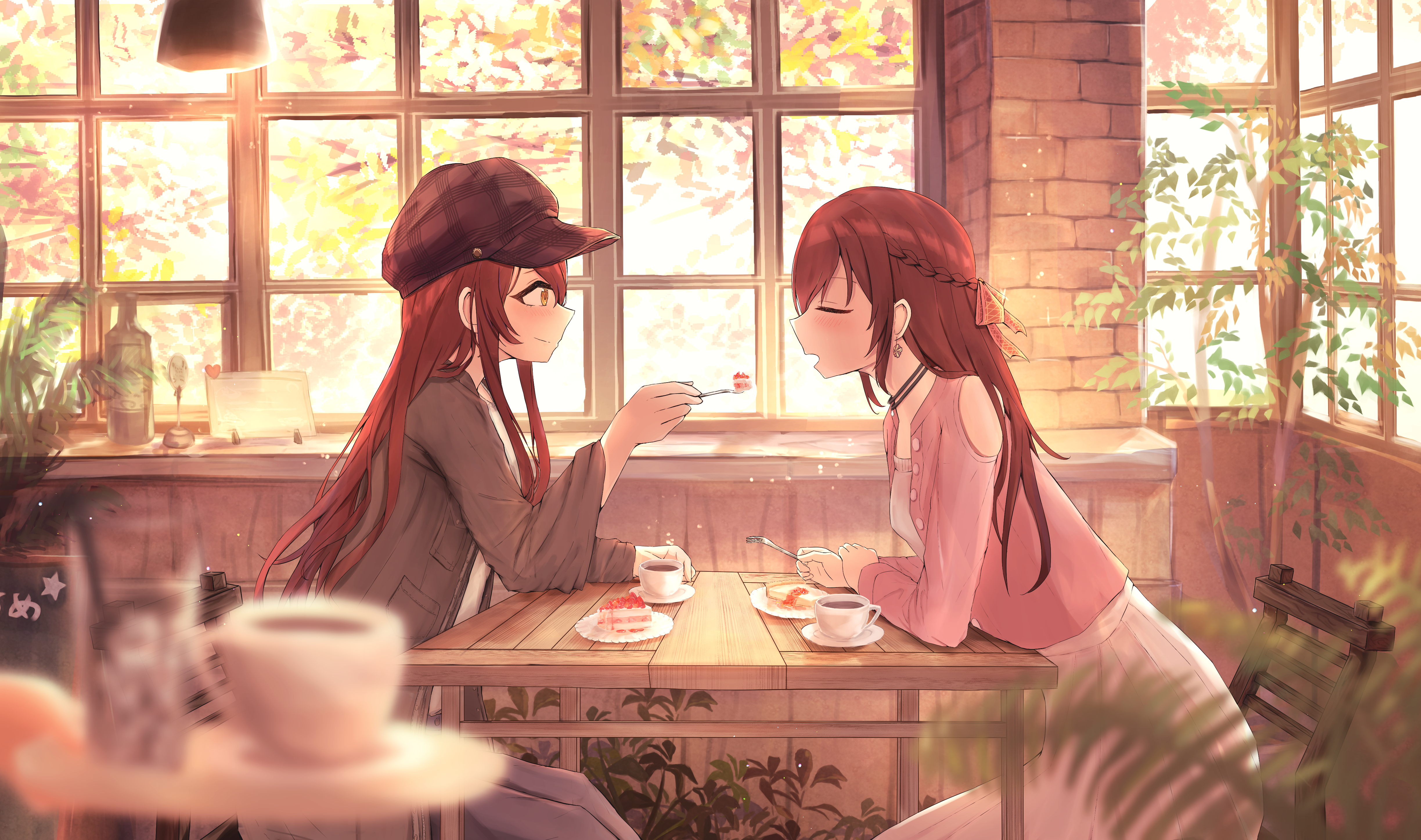 Oosaki Tenka and Oosaki Amana in a cafe HD Wallpaper