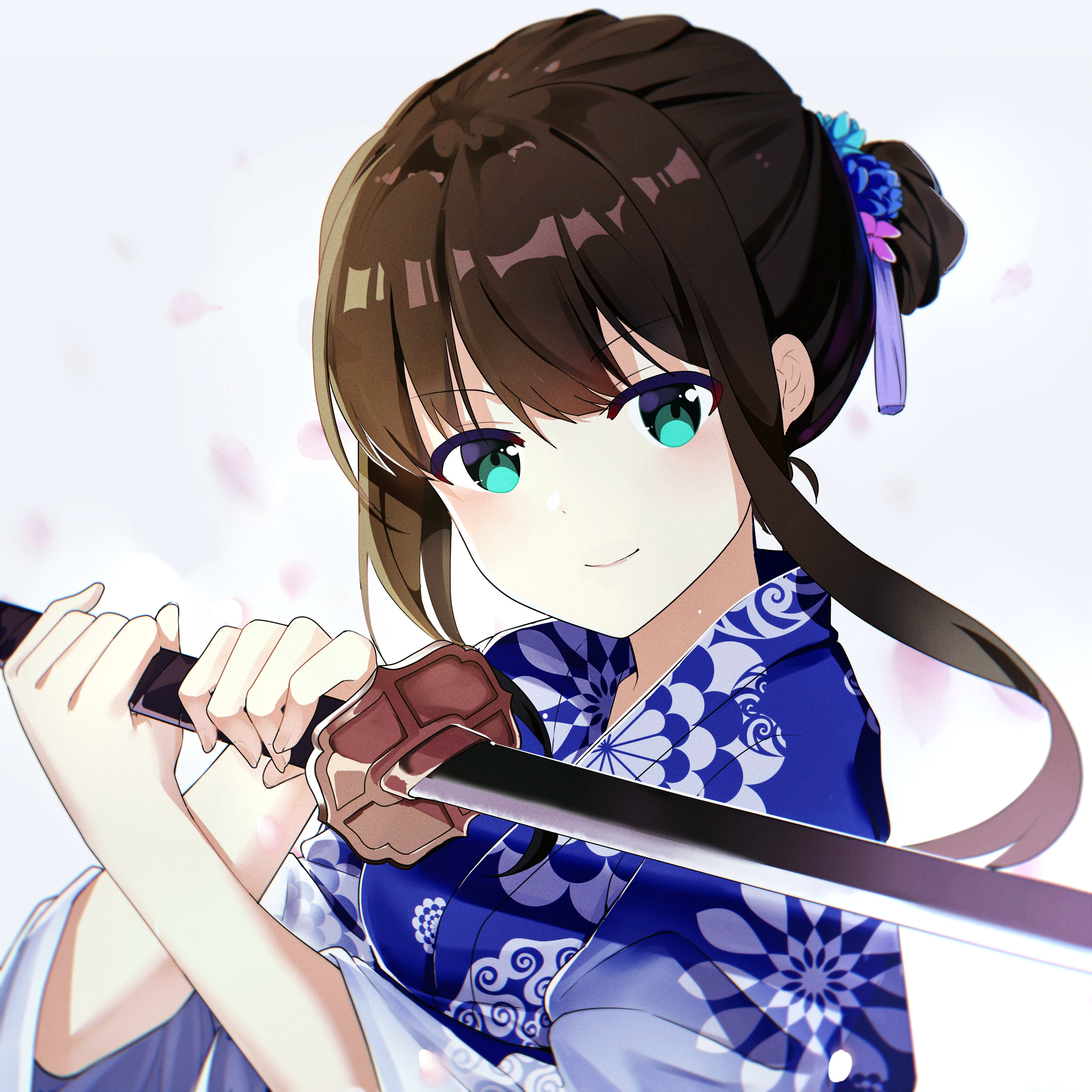 Shibuya Rin holding a katana in a blue yukata HD Wallpaper