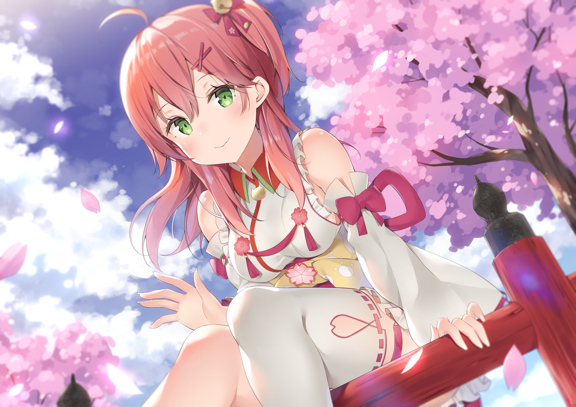 Sakura Miko in a White Outfit Under Cherry Blossoms HD Wallpaper