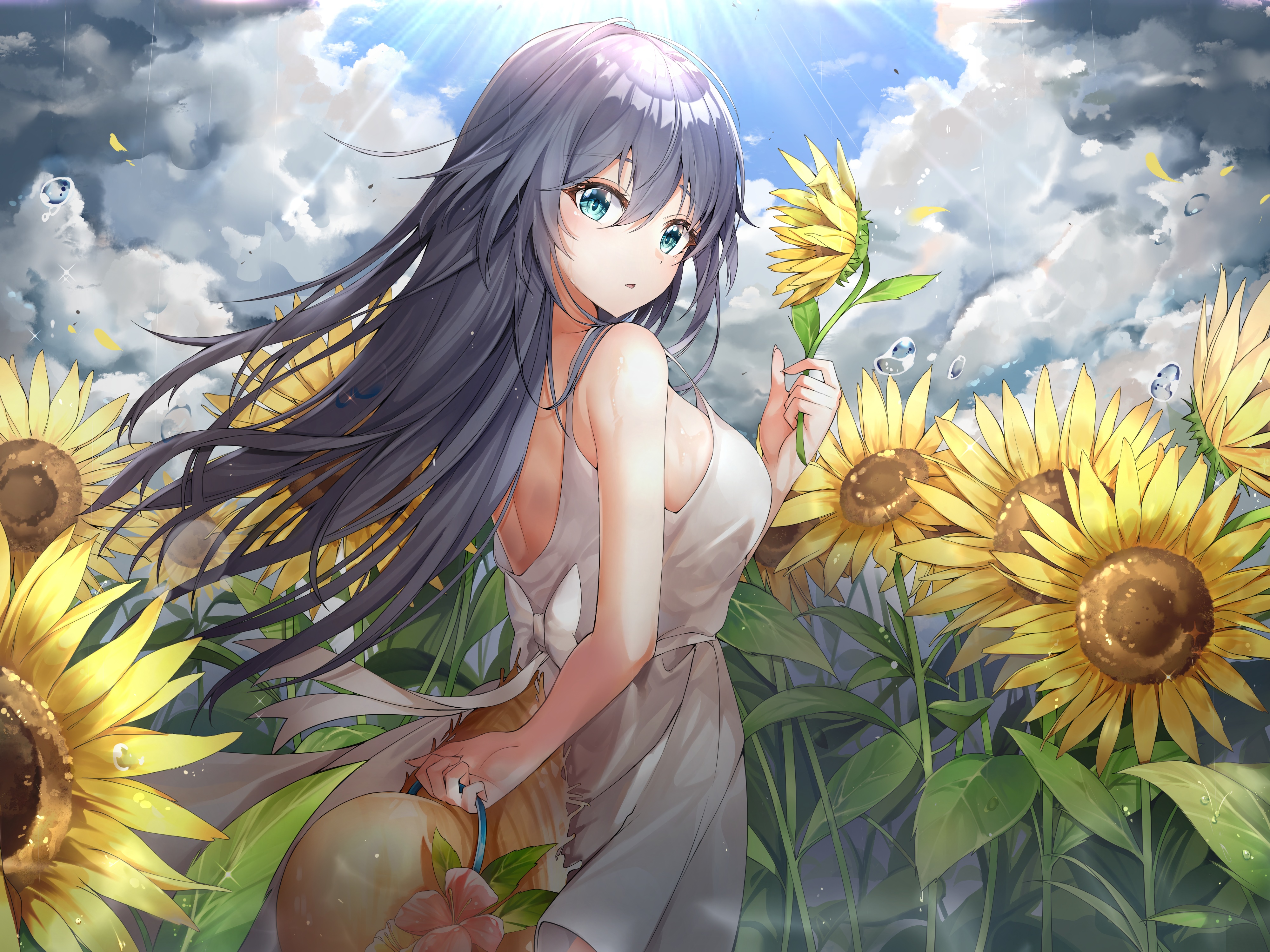 Fu Hua in a white dress in a sunflower field HD Wallpaper