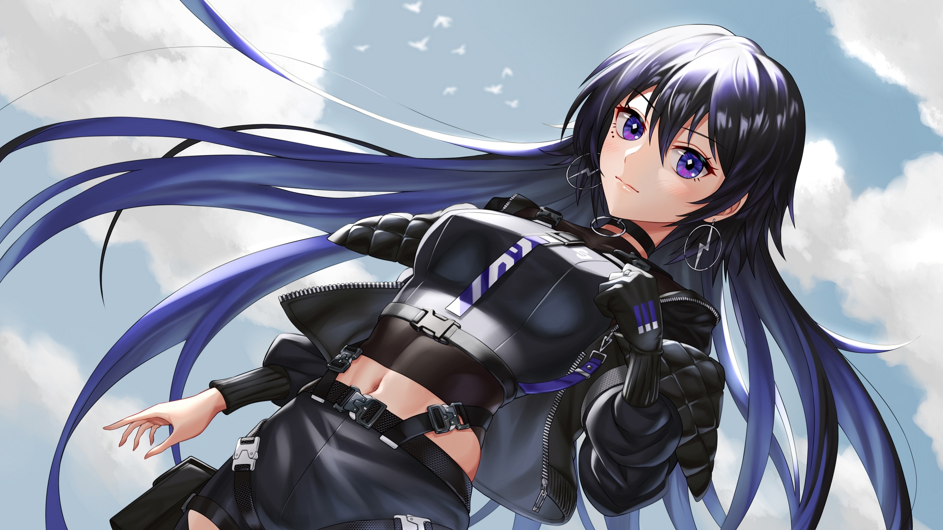 Anime girl with long black and purple hair HD Wallpaper