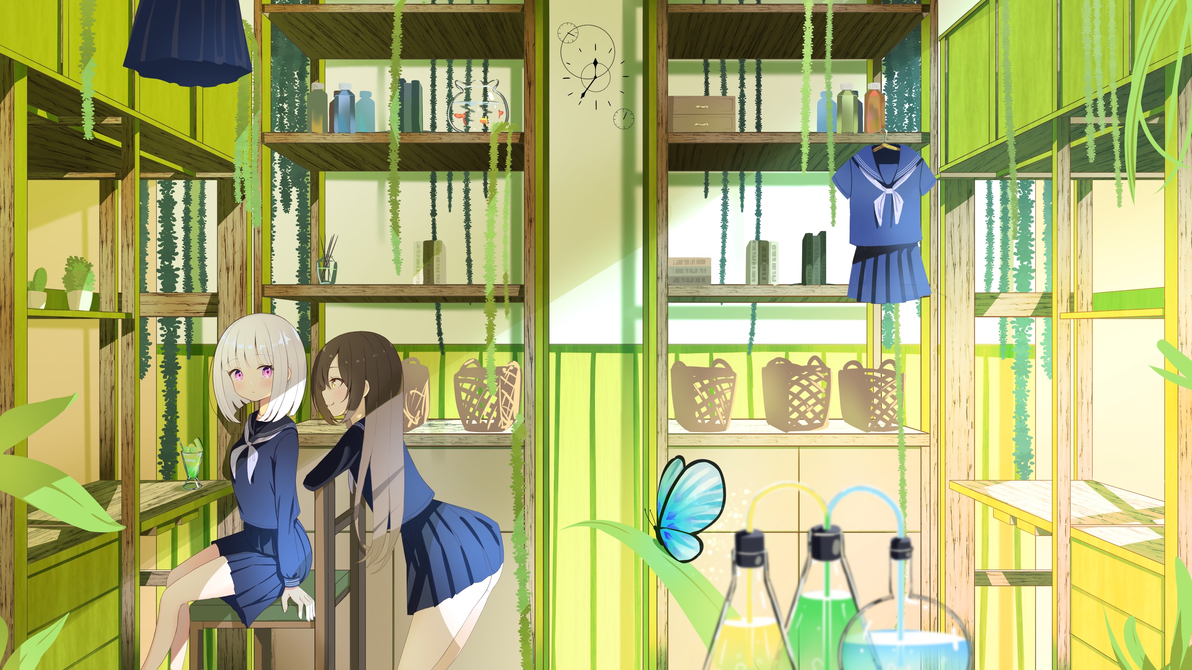 Two anime girls in school uniforms with a butterfly HD Wallpaper