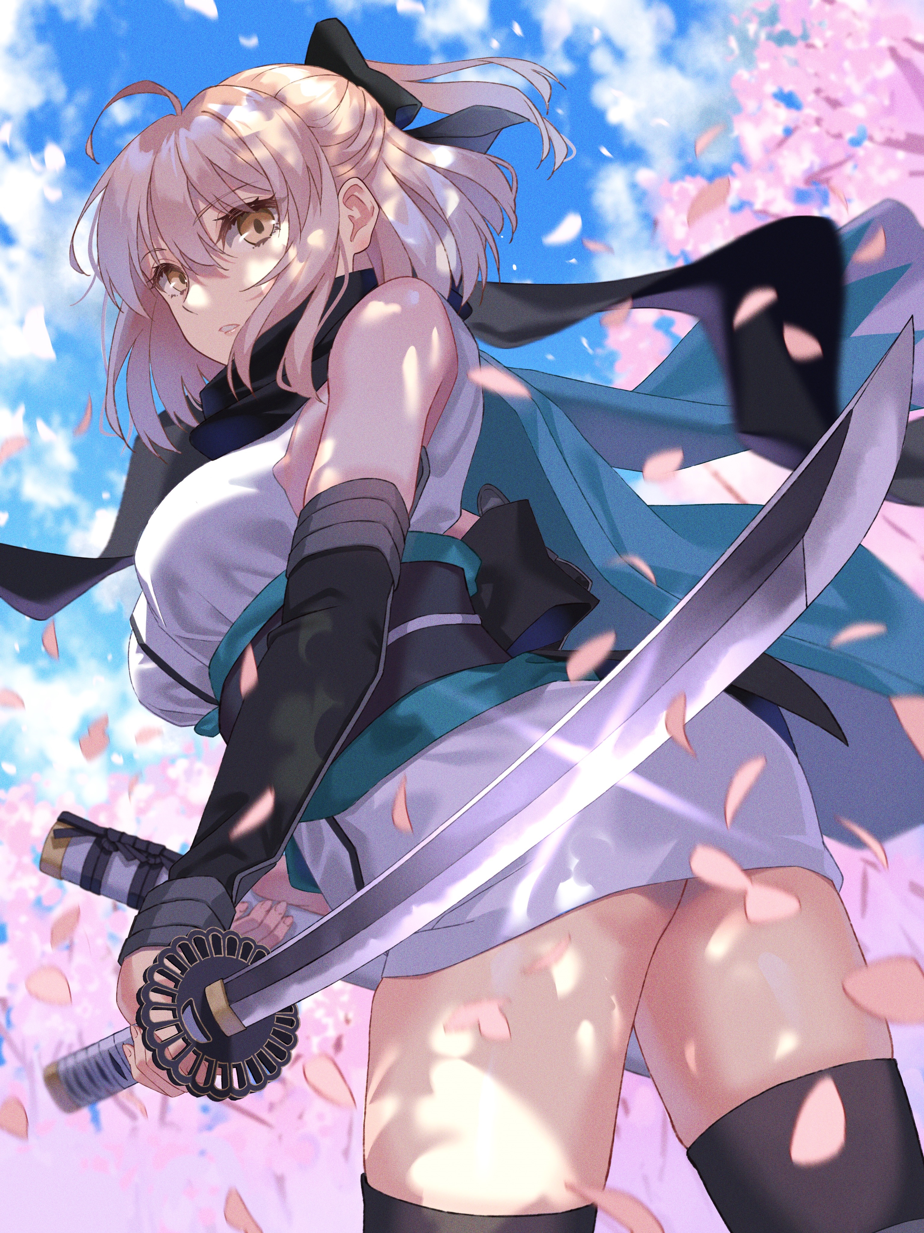 Okita Souji with Katana and Cherry Blossoms HD Phone Wallpaper