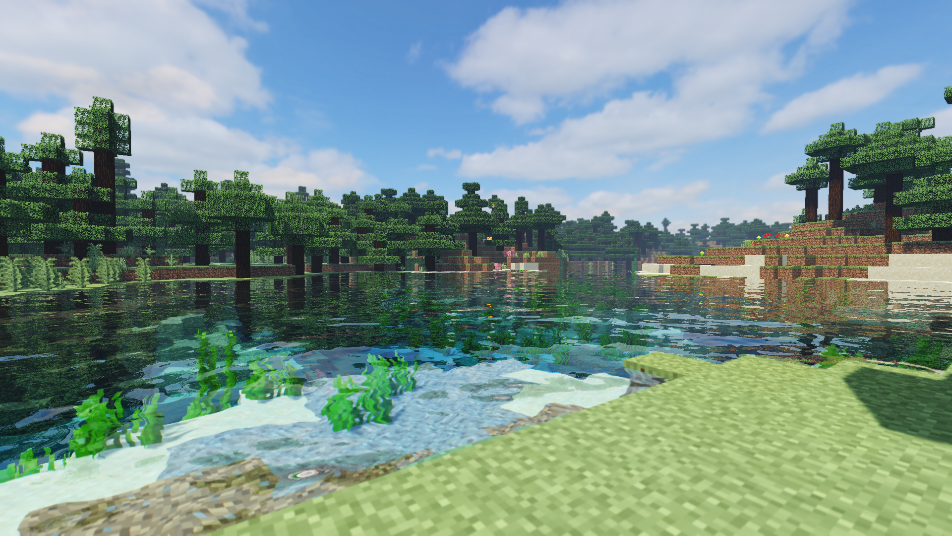 Minecraft lake with trees and shaders HD Wallpaper