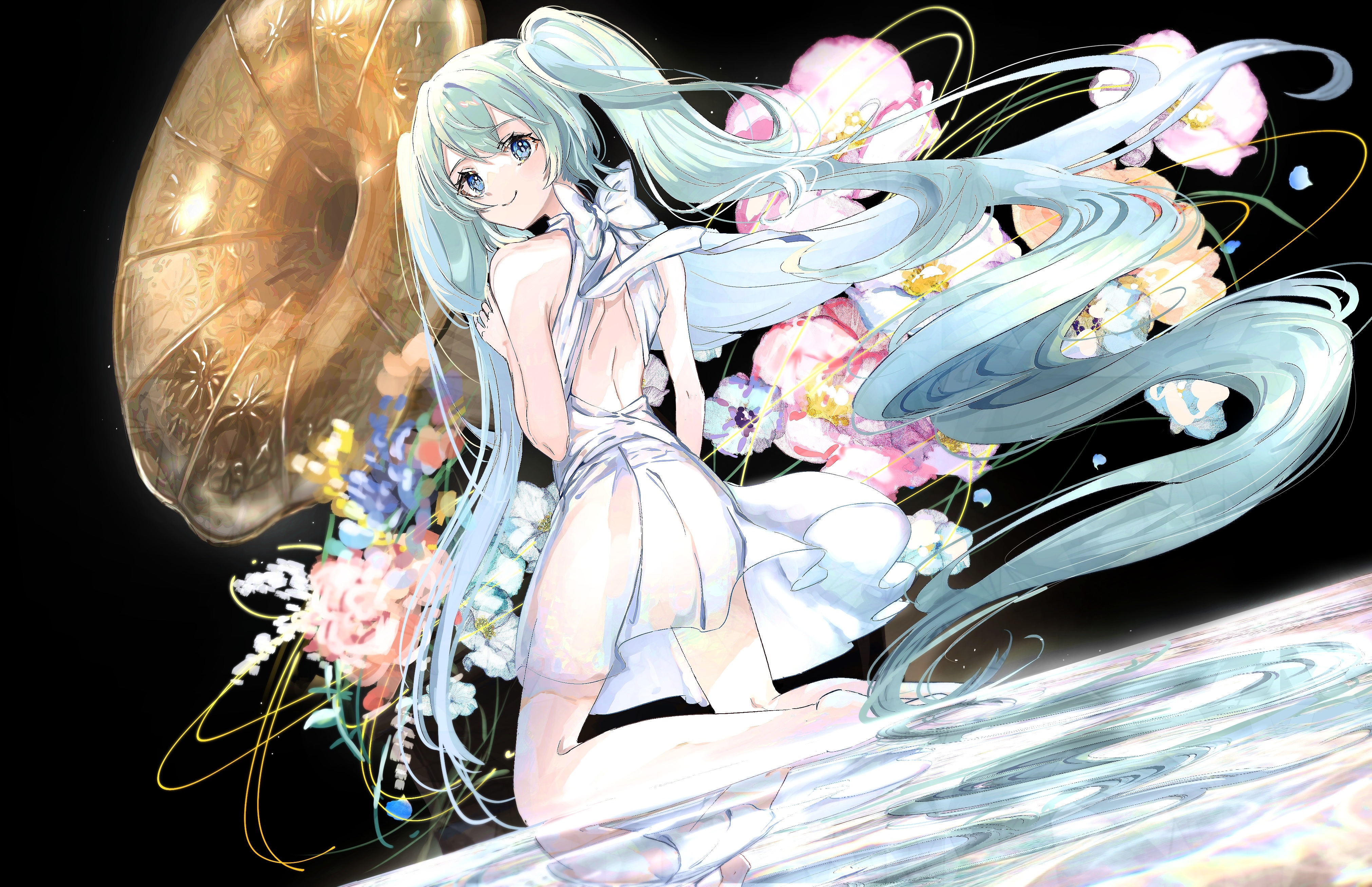 4K anime girl with cyan hair and blue eyes HD Wallpaper