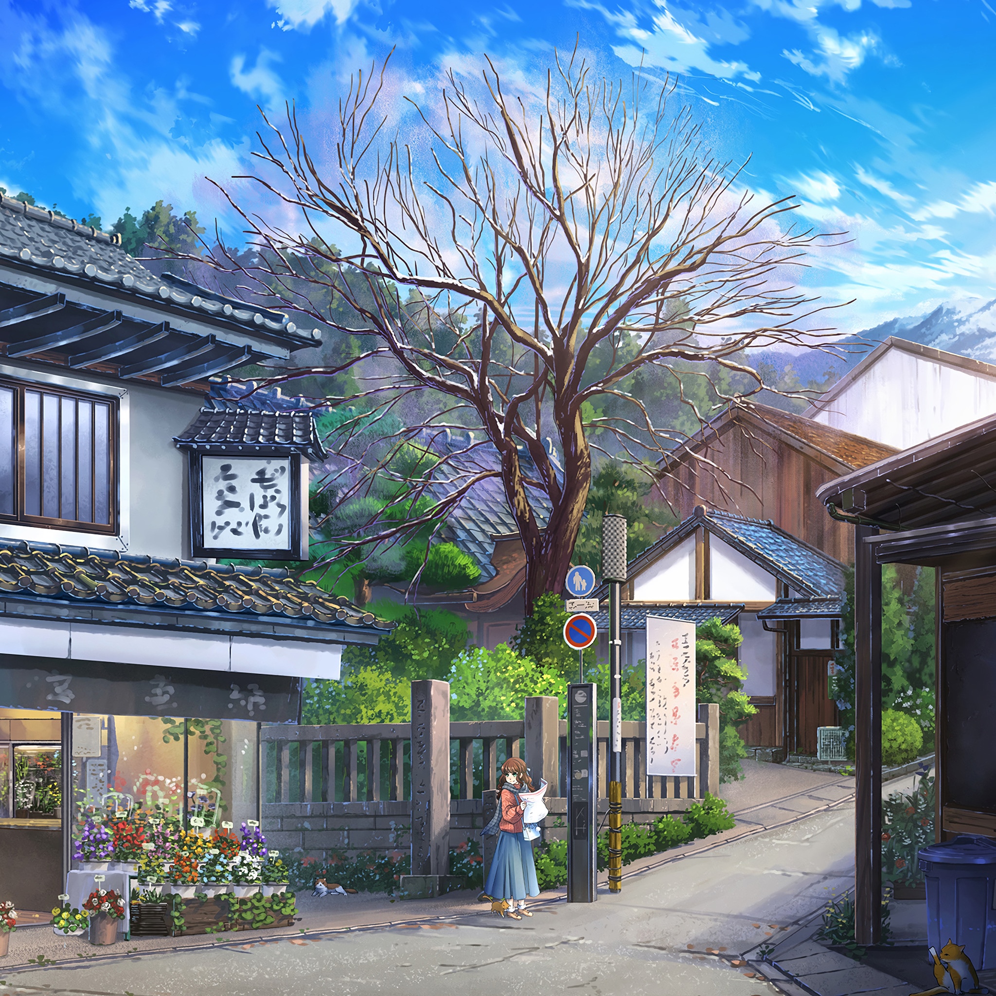Anime street scene with a girl and a flower shop HD Wallpaper