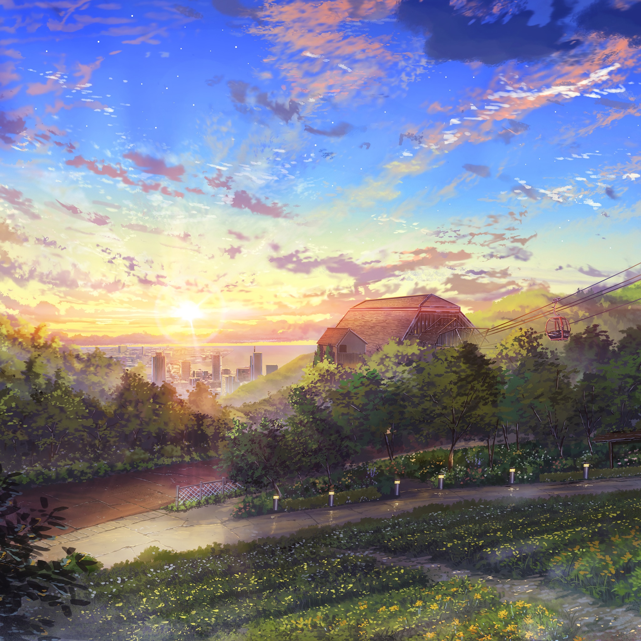Anime landscape with city and cable car at sunset HD Wallpaper
