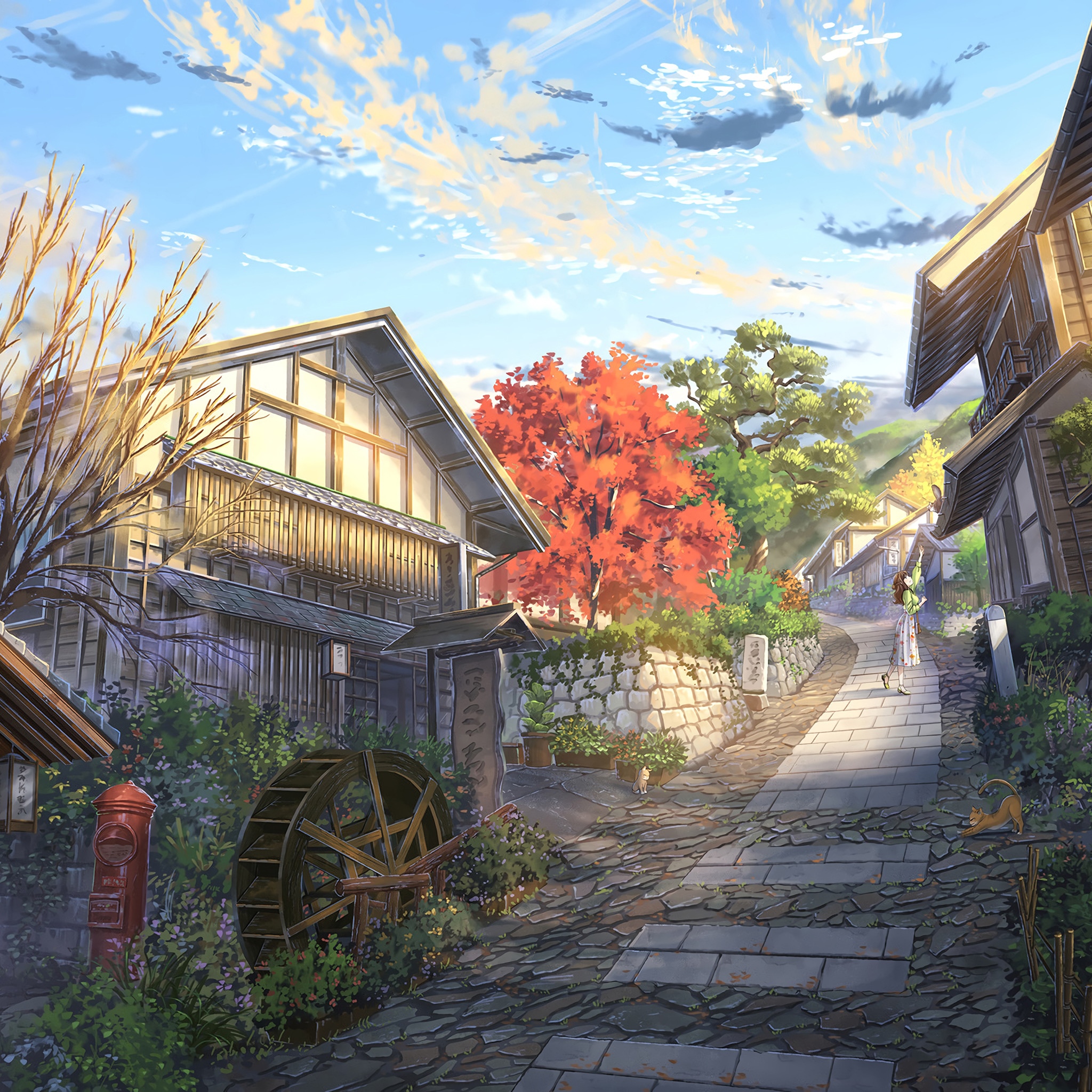 Japanese village with autumn trees and a water wheel HD Wallpaper