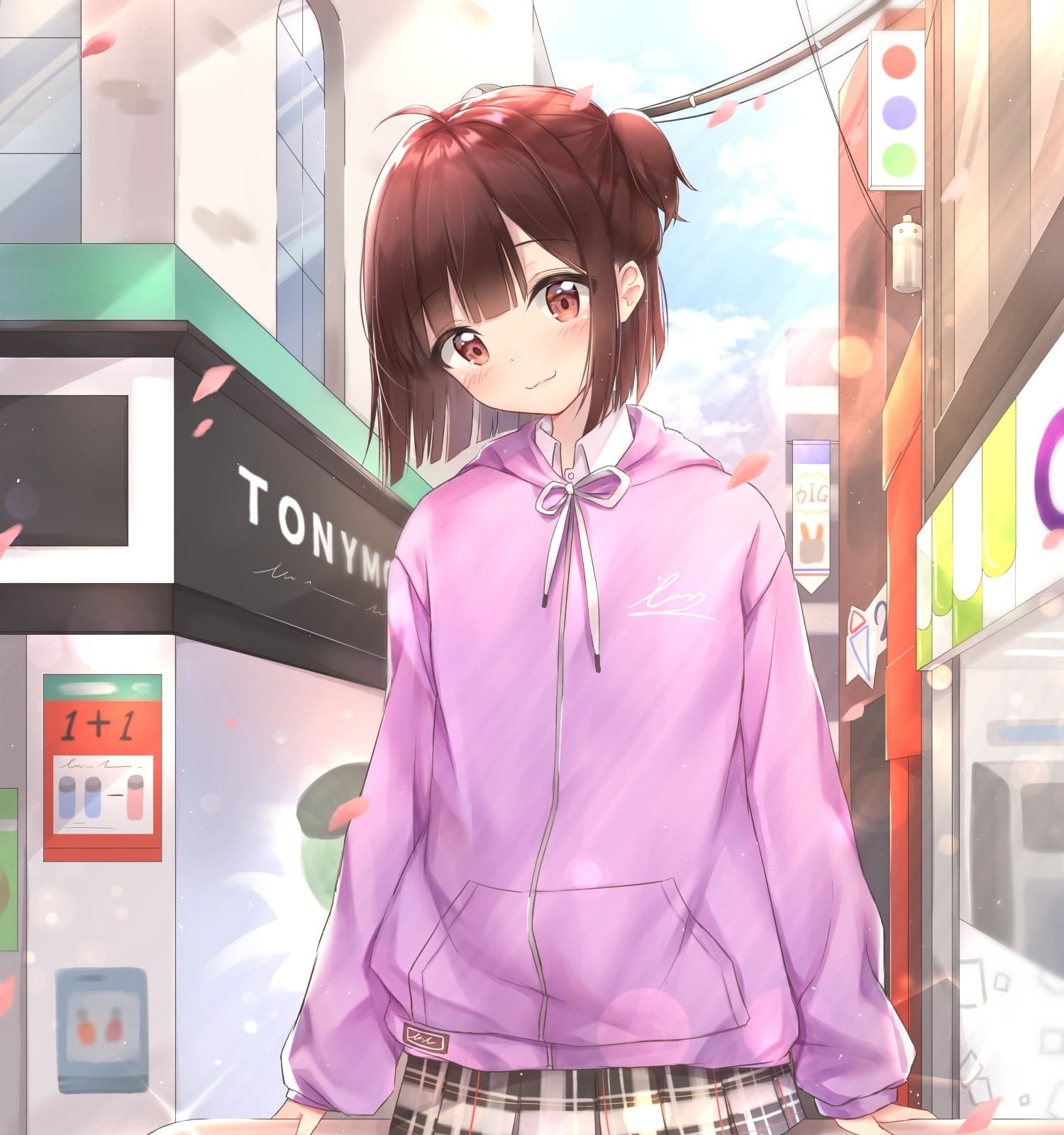 Anime girl in pink hoodie on street HD Wallpaper