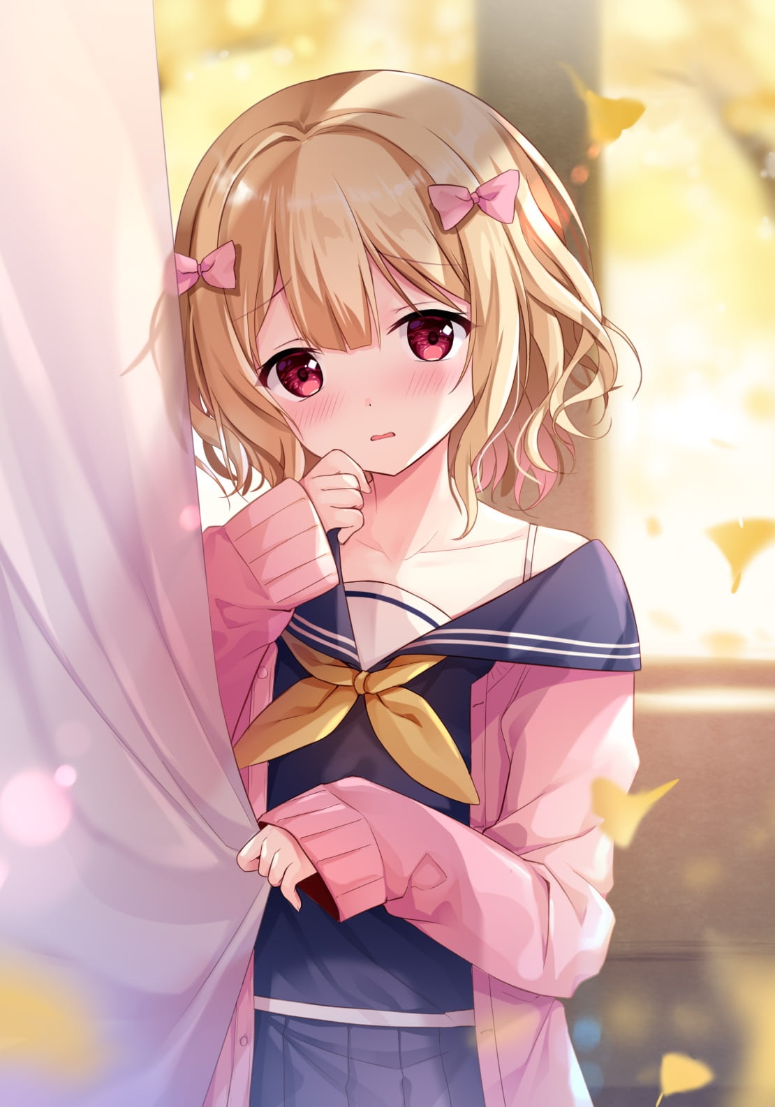 Anime girl with blonde hair and pink bows HD Phone Wallpaper