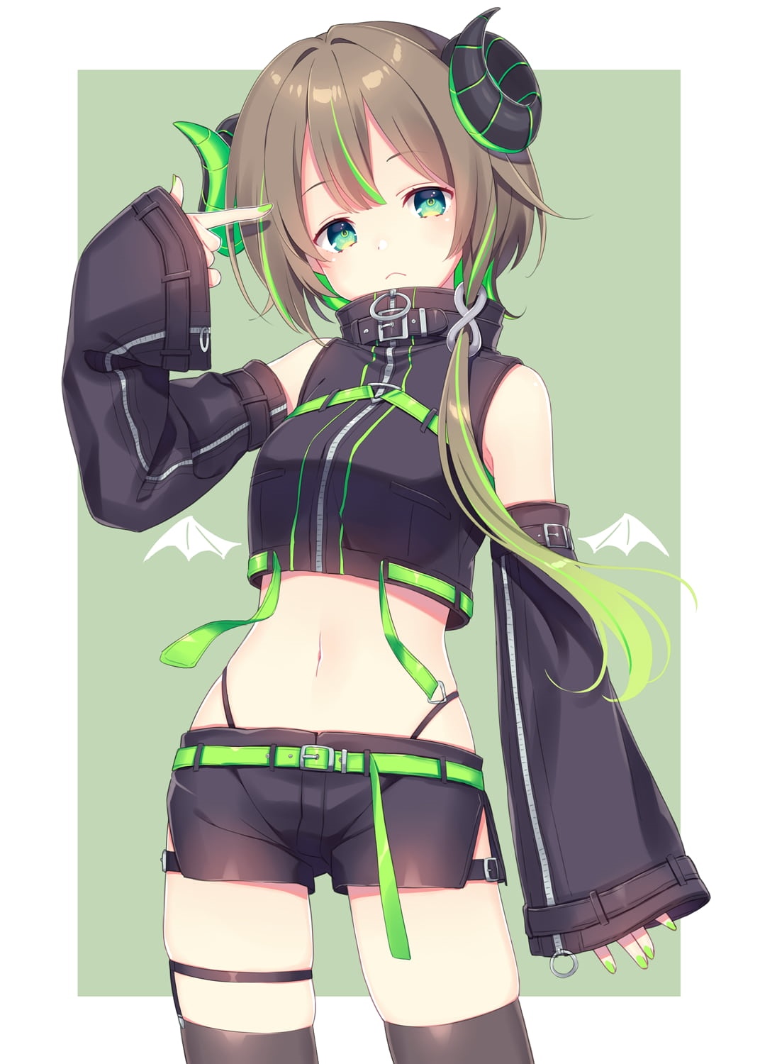 Anime girl with horns and green accents HD Phone Wallpaper