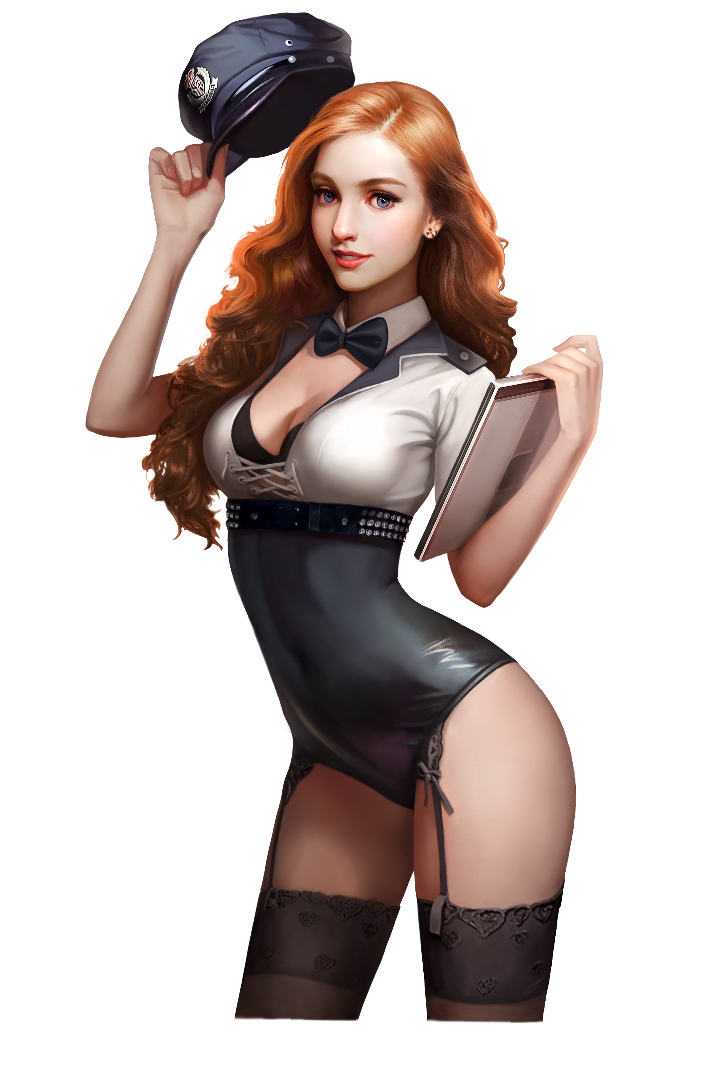 Pinup model in police-themed outfit holding a hat HD Phone Wallpaper