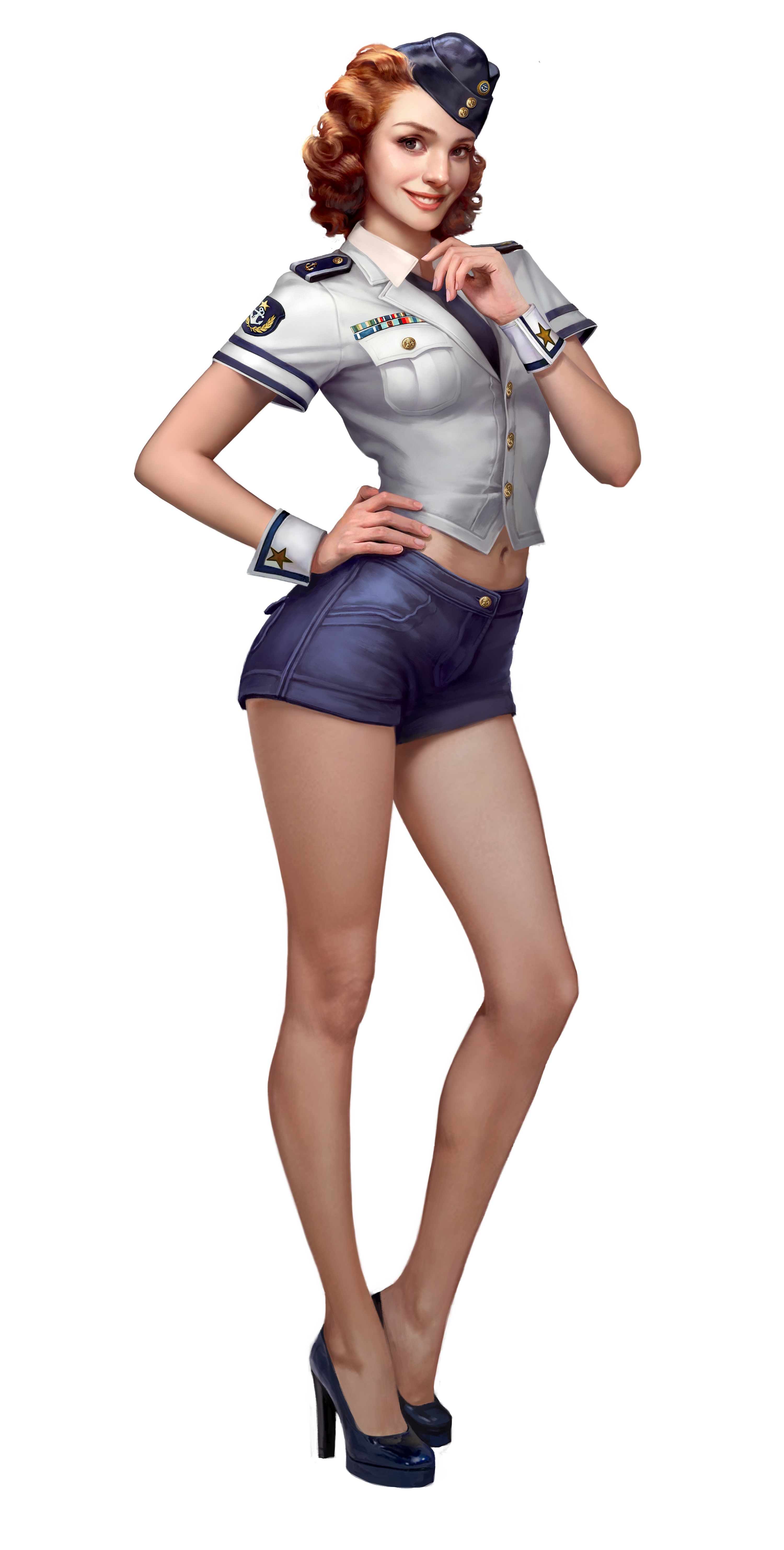Pinup model in navy uniform and heels HD Phone Wallpaper
