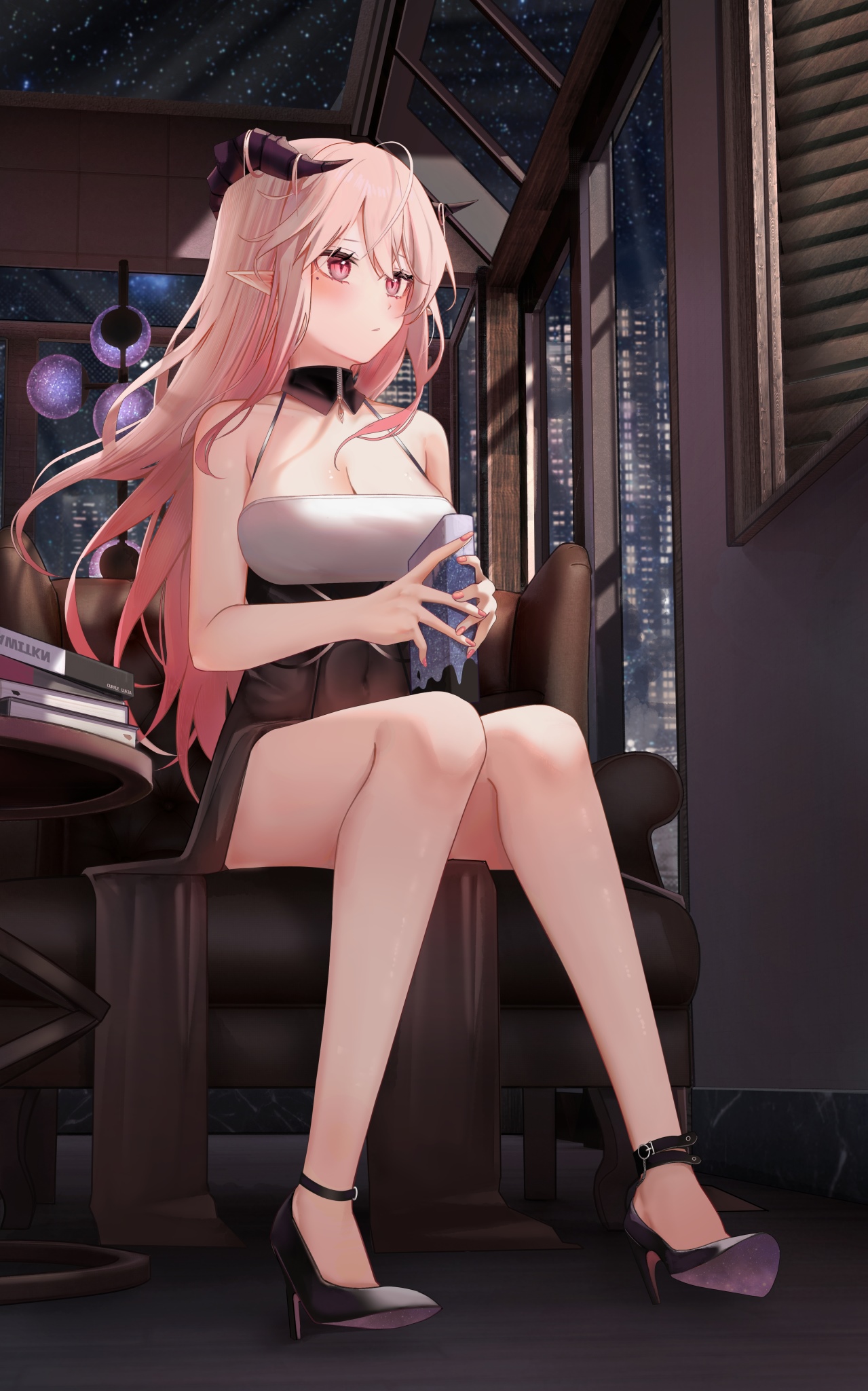 Pink-haired demon girl in a dress sitting by the window HD Phone Wallpaper