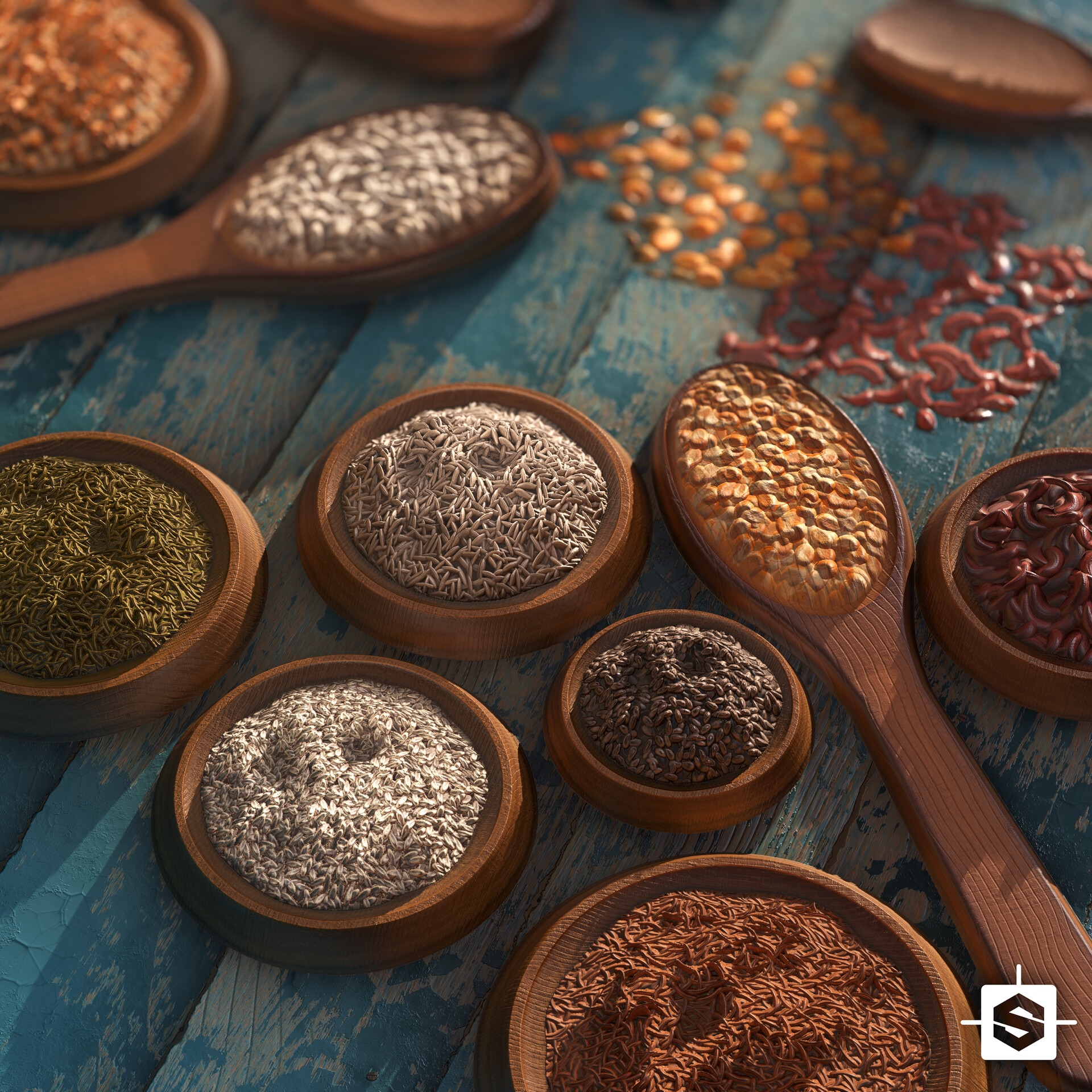Various spices and grains in wooden bowls and spoons HD Wallpaper
