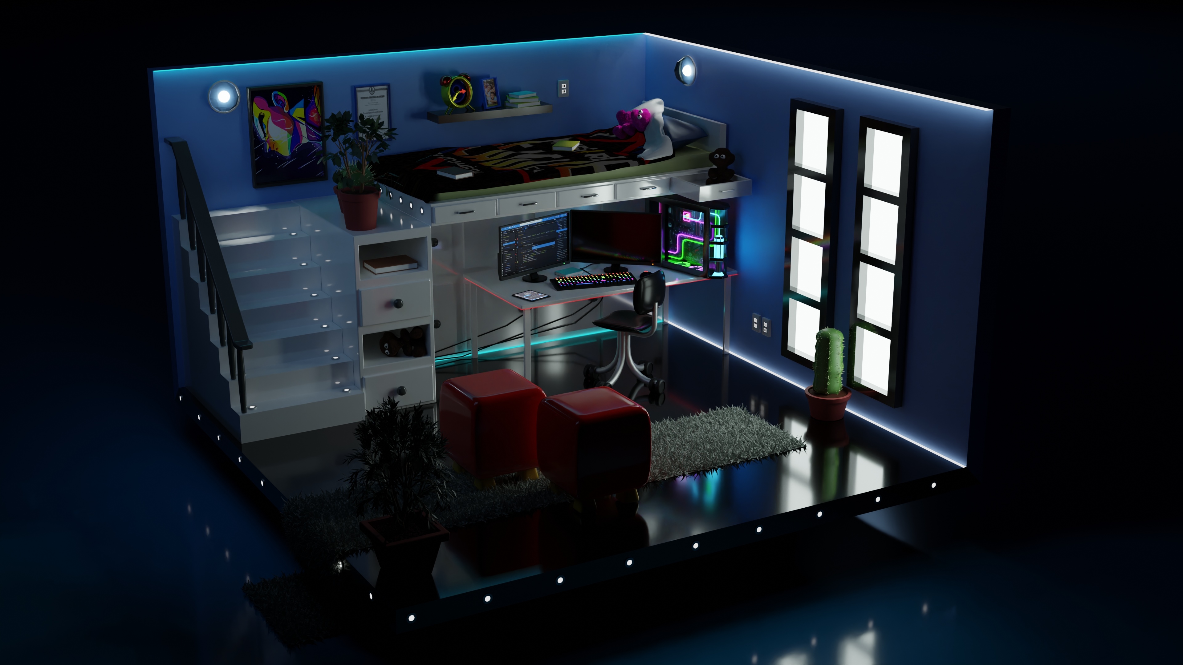 4K PC Gaming Room with Loft Bed and Computer Setup HD Wallpaper