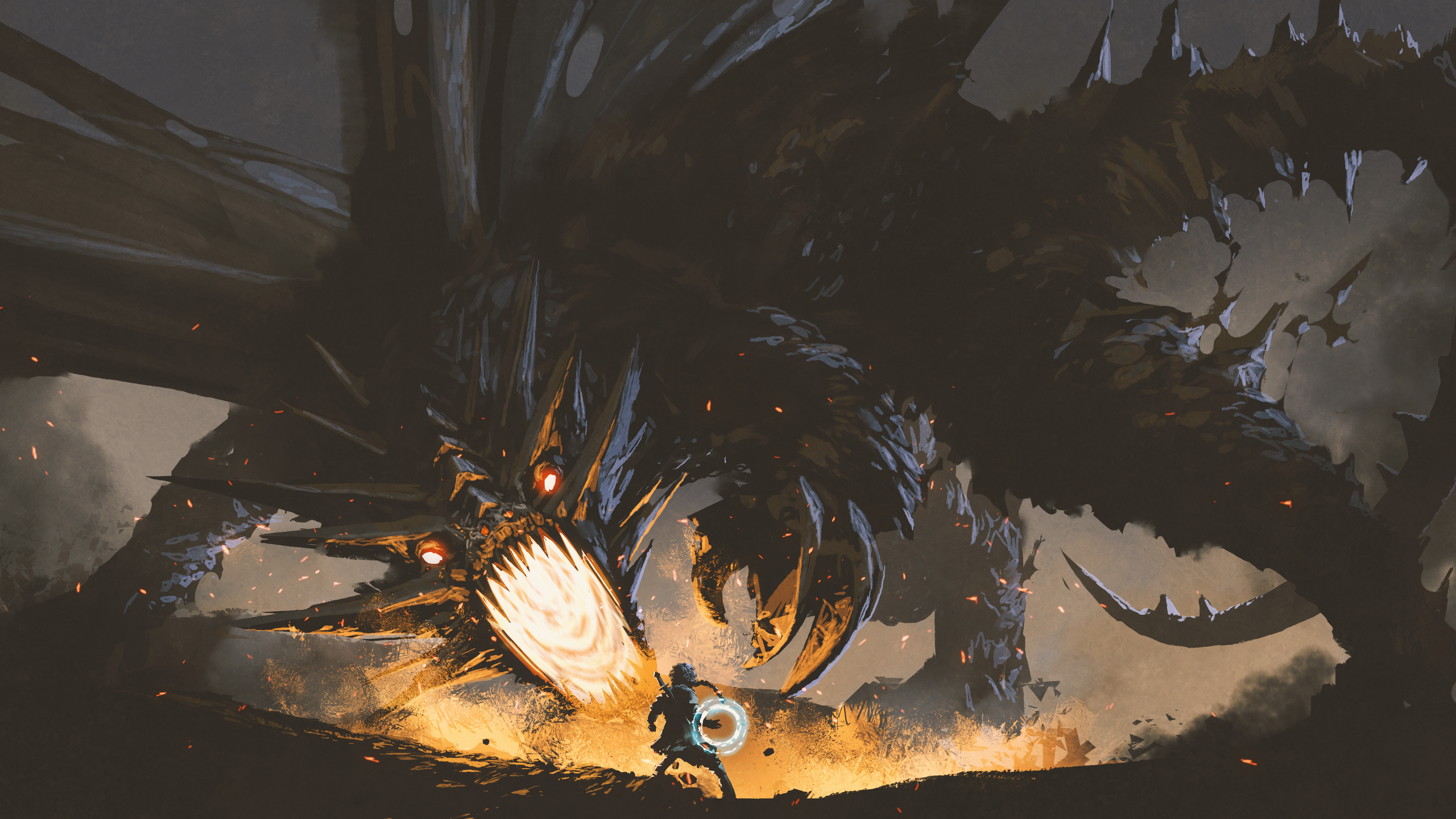 A warrior battles a giant dragon breathing fire HD Wallpaper