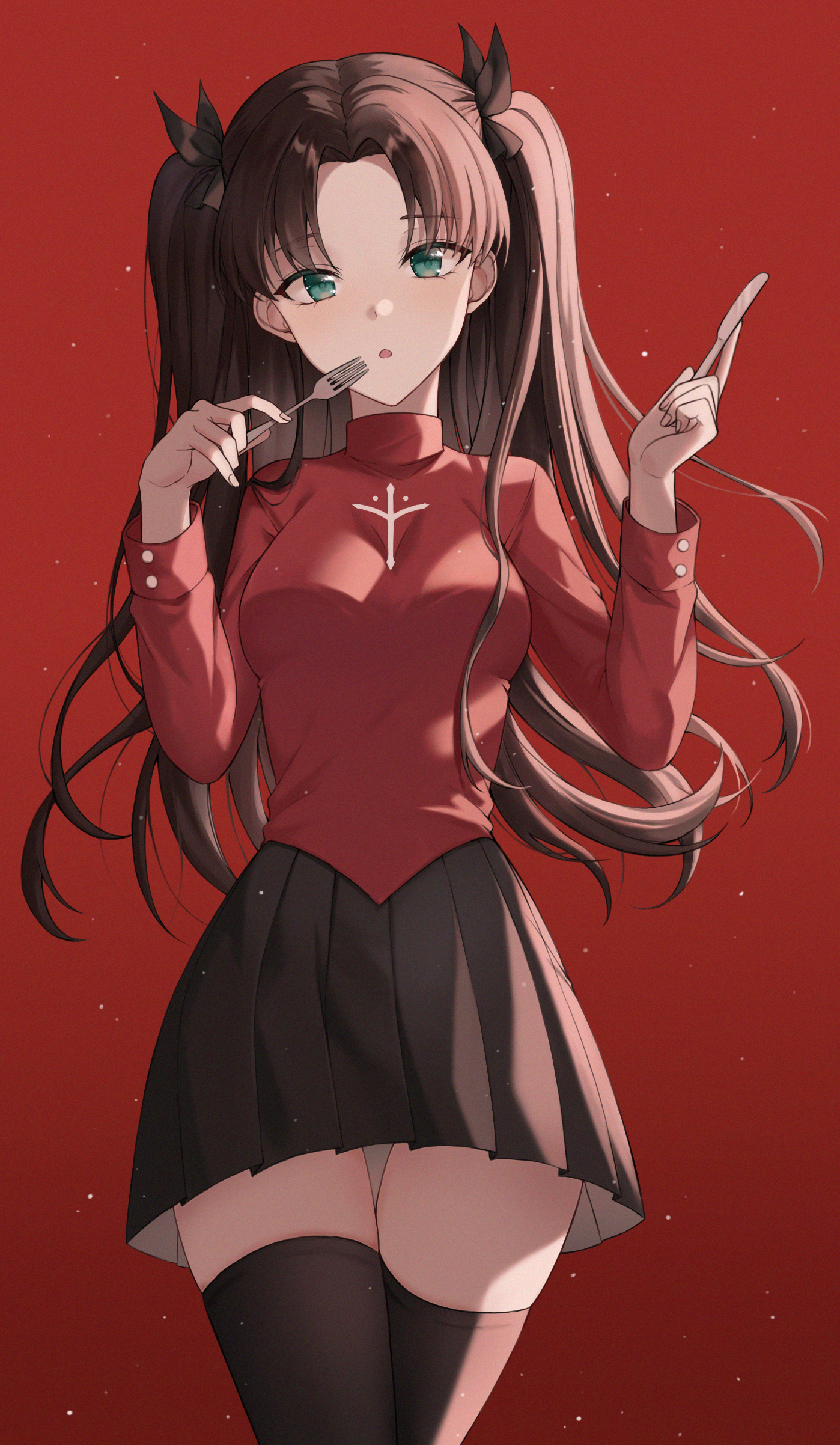 Tohsaka Rin from Fate/Stay Night with Fork and Knife HD Phone Wallpaper