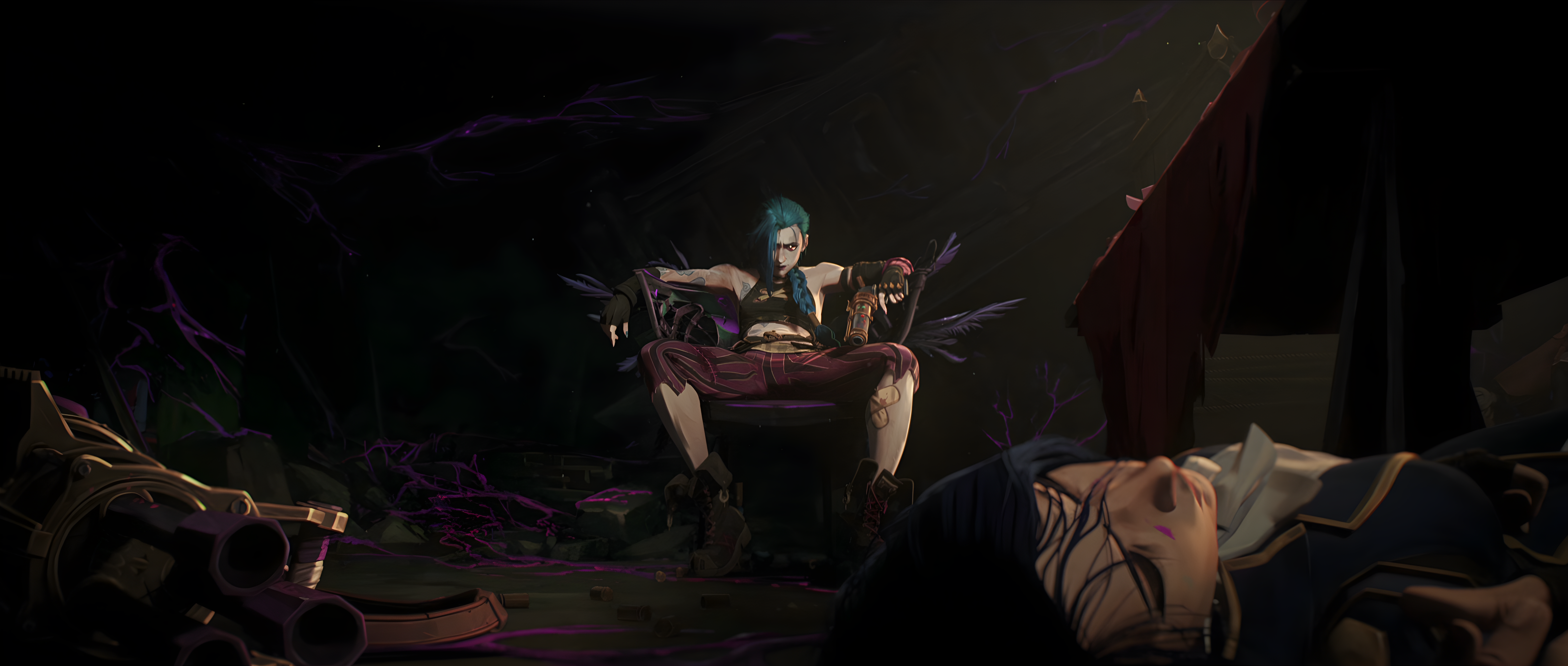 Jinx in Arcane sits on a throne with Caitlyn lying on the floor HD Wallpaper