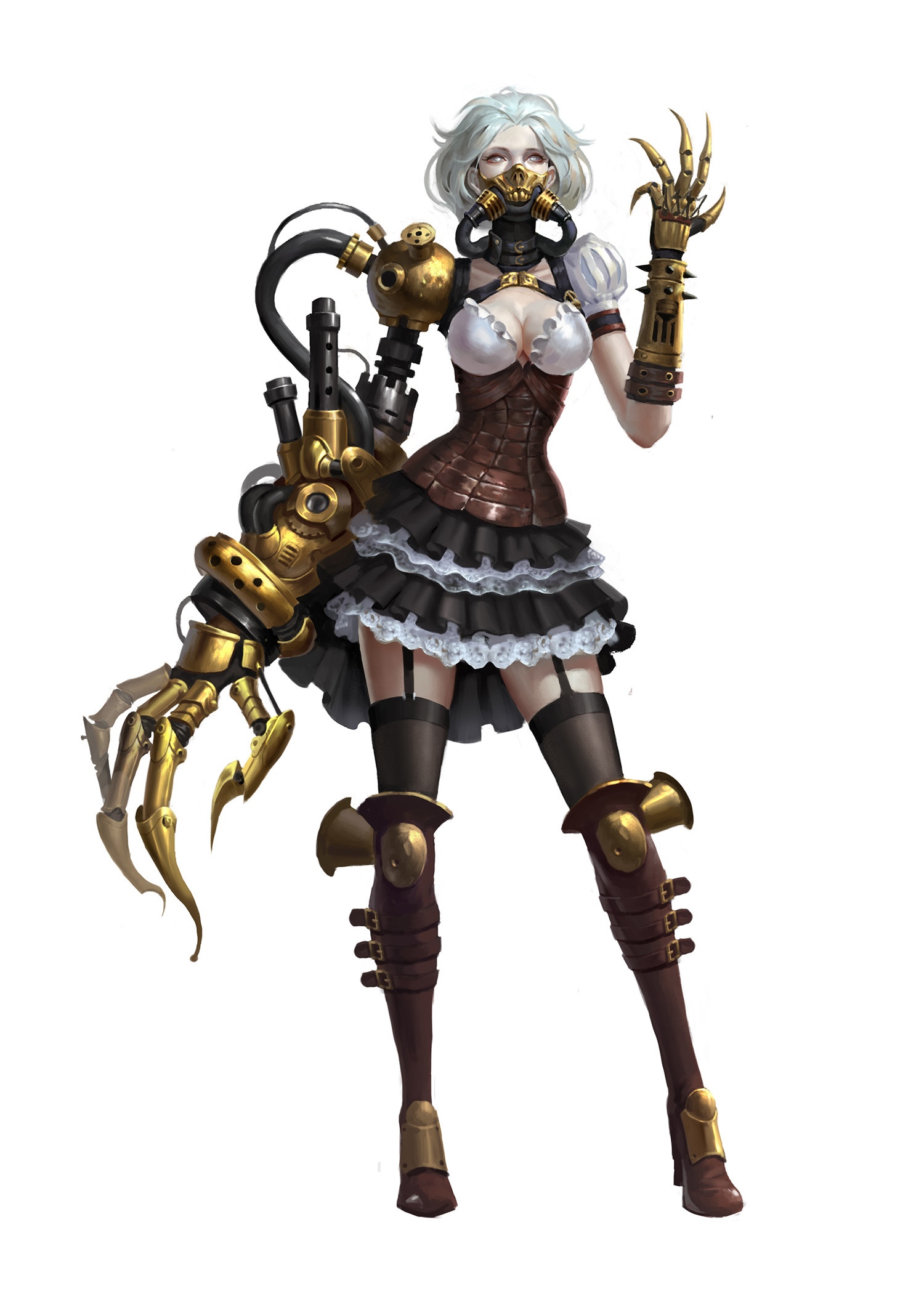 Steampunk woman with silver hair and mechanical arm HD Phone Wallpaper