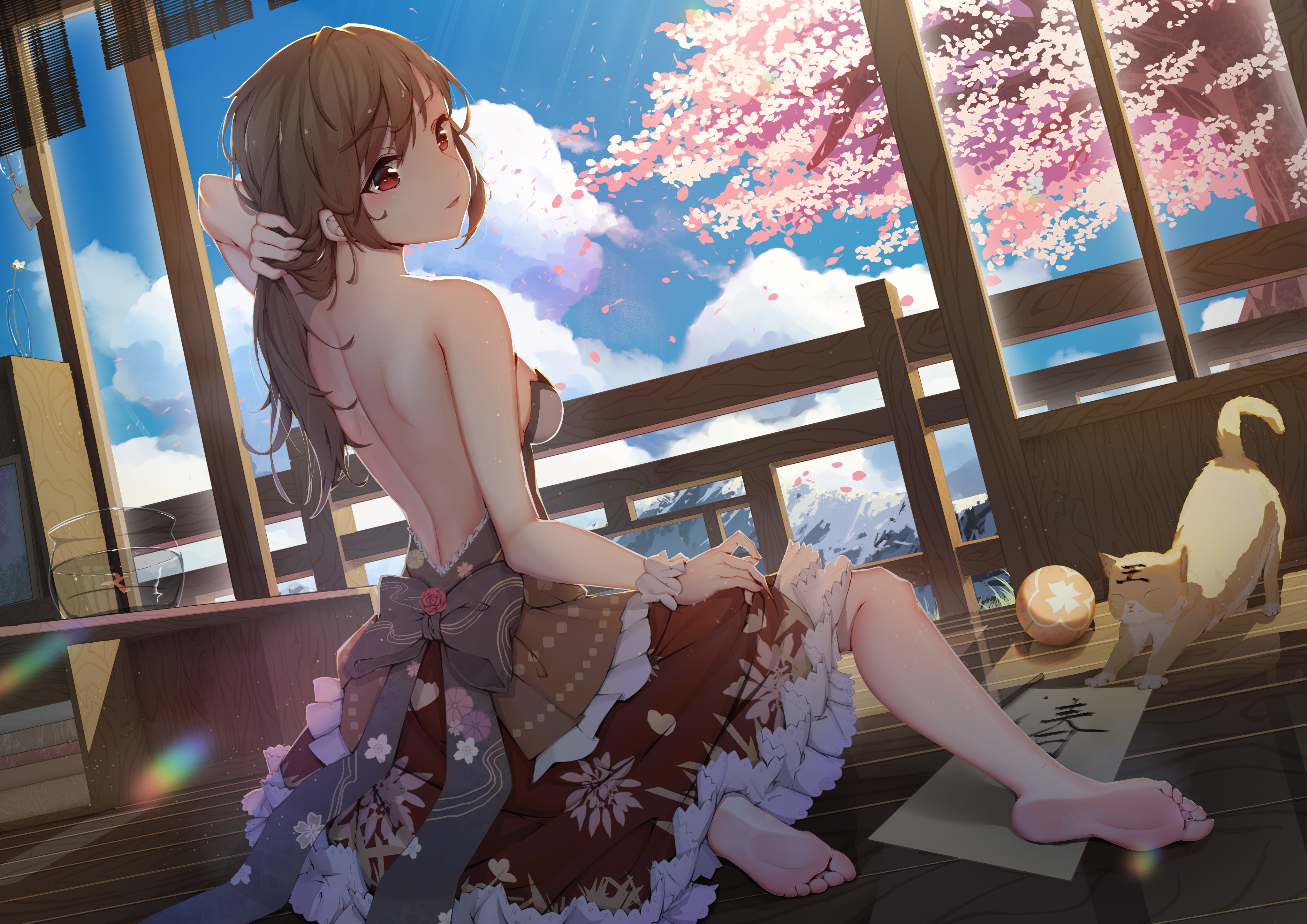 Girl with cat and cherry blossoms HD Wallpaper